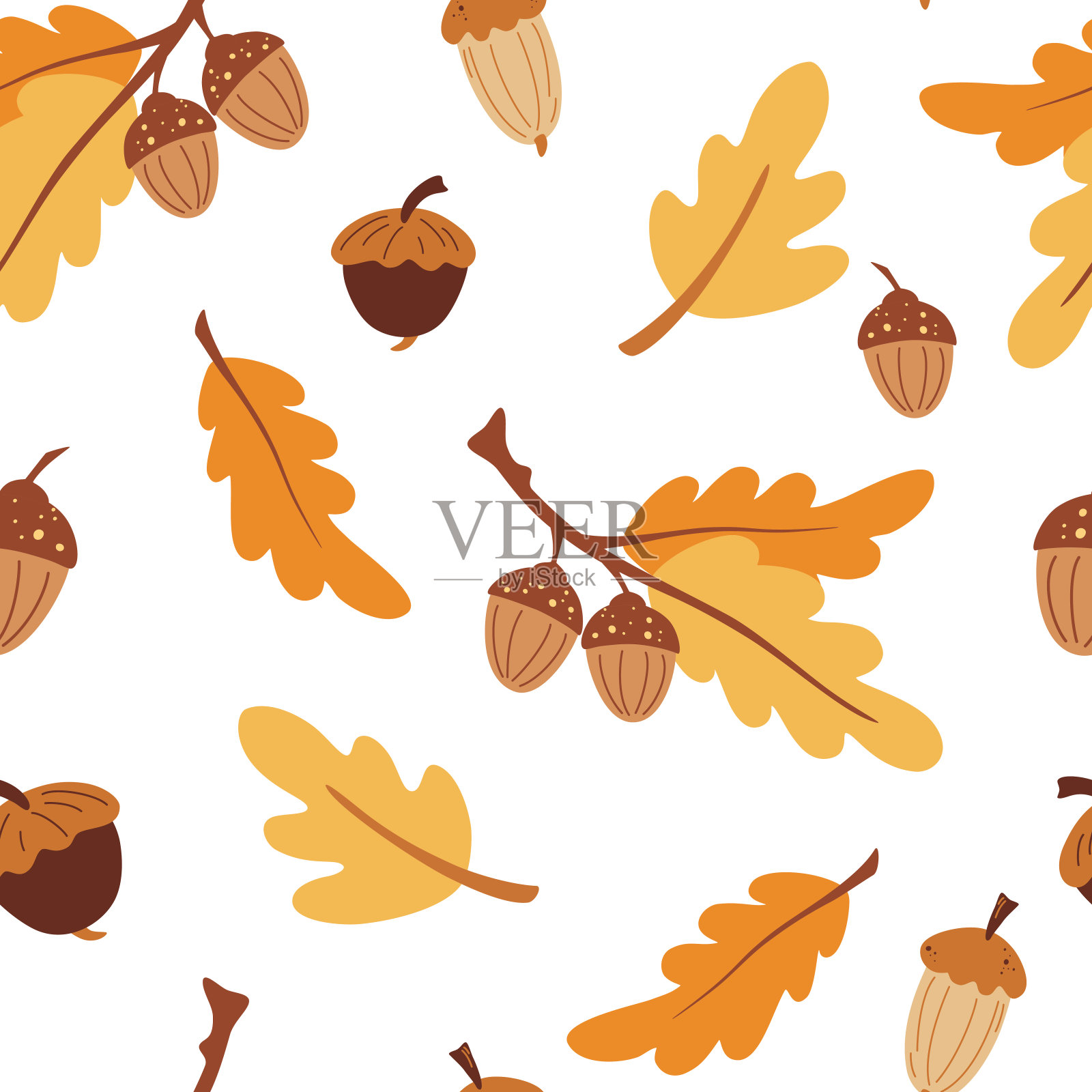 无缝模式与橡子。秋天的背景。风格化的橡树叶和橡子。完美的壁纸，礼品纸，图案填充，网页背景，秋季贺卡。卡通矢量纹理。插画图片素材