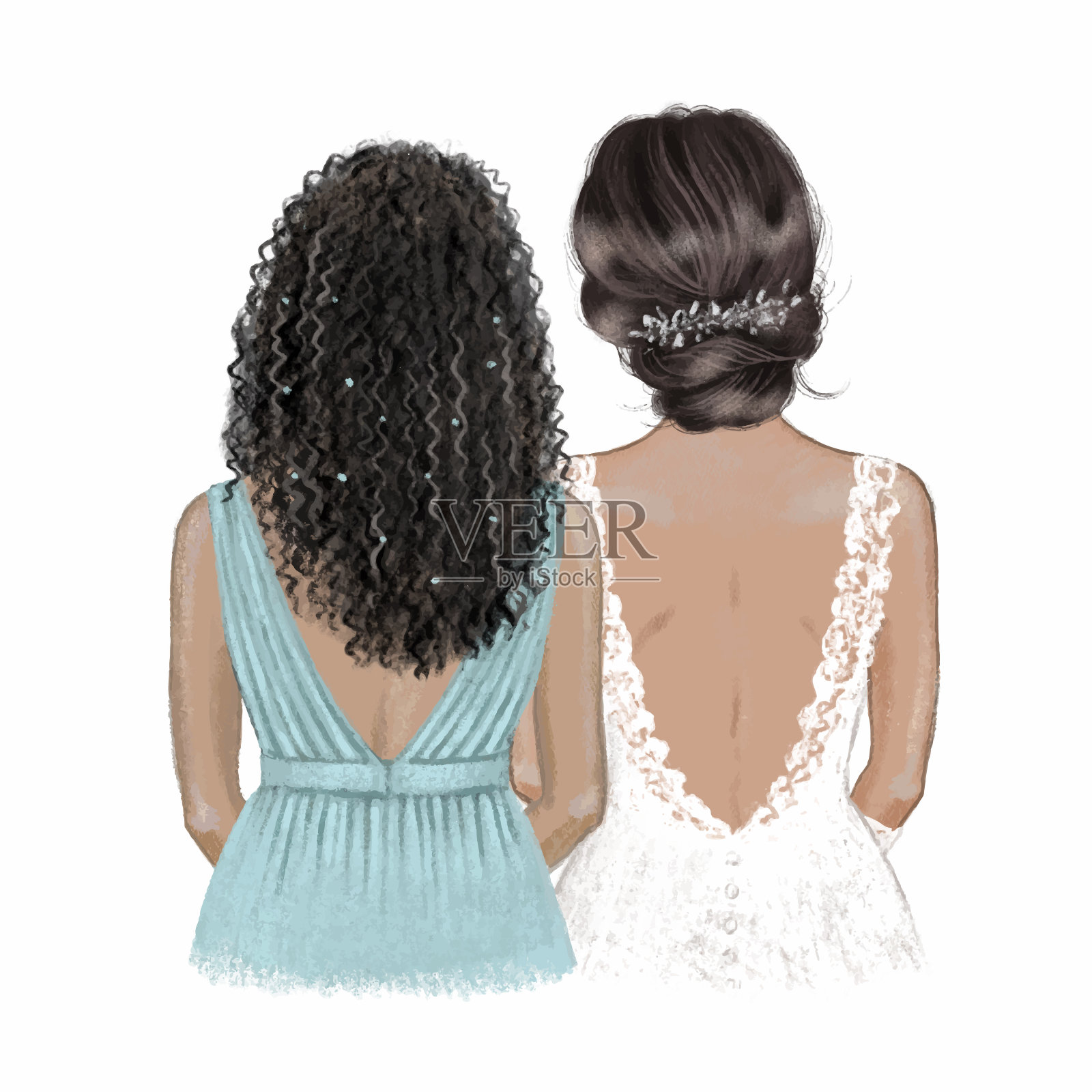 黑人新娘和伴娘。手绘插图插画图片素材
