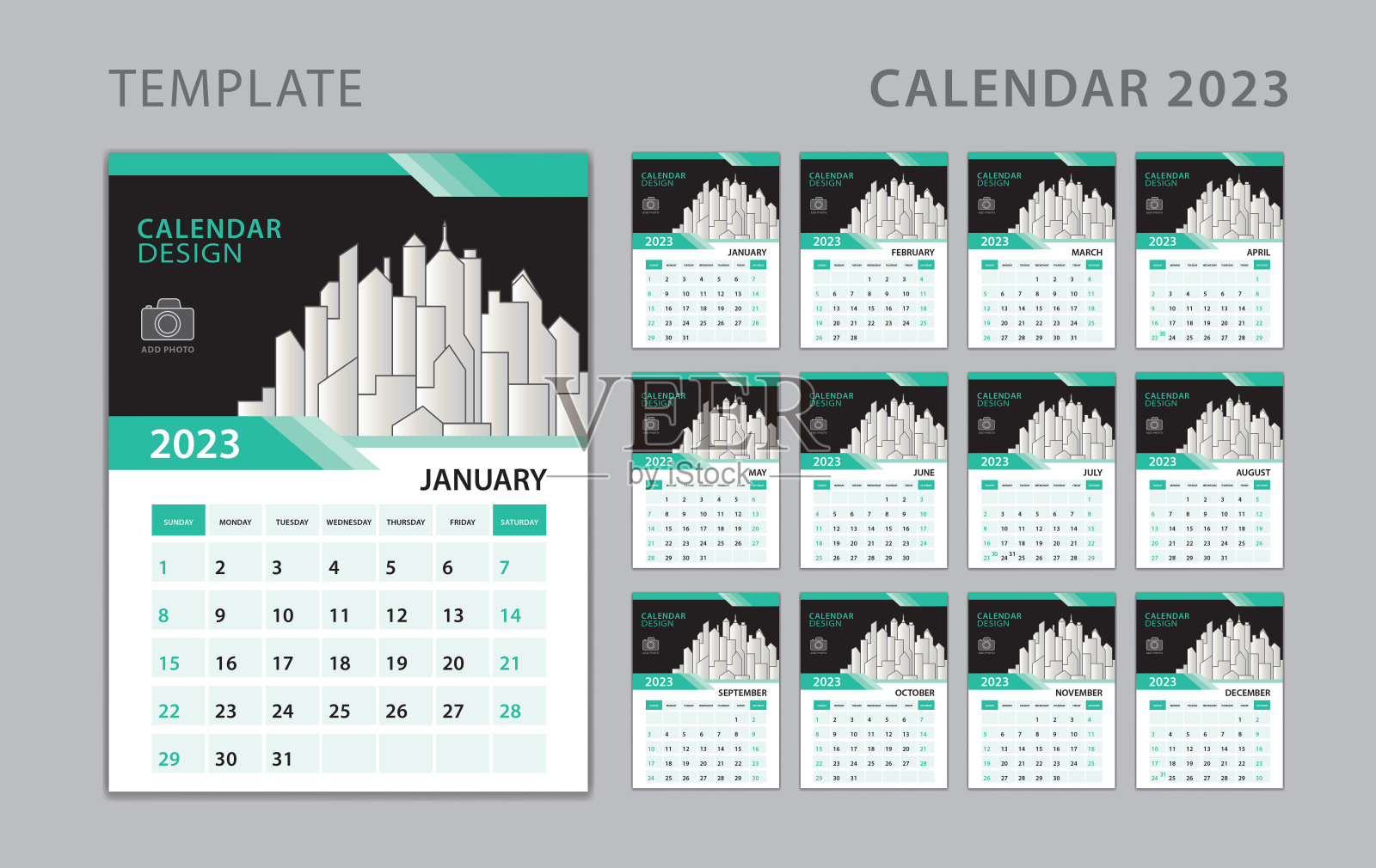 日历2023模板，设置办公桌日历设计与地方的照片和公司标志。墙上的日历。一周从周日开始。挂历2023年，一套12个月。创意日历设计设计模板素材