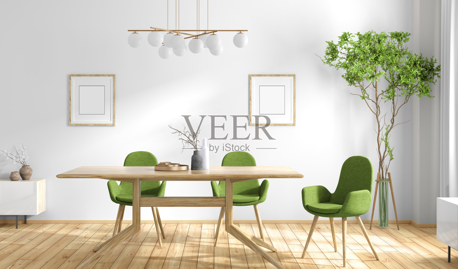 现代餐厅的室内设计，木桌和绿色椅子的3d渲染照片摄影图片