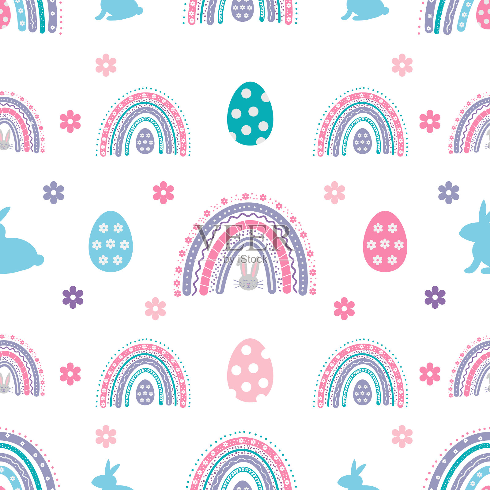 复活节无缝图案与彩虹兔子蛋插画图片素材