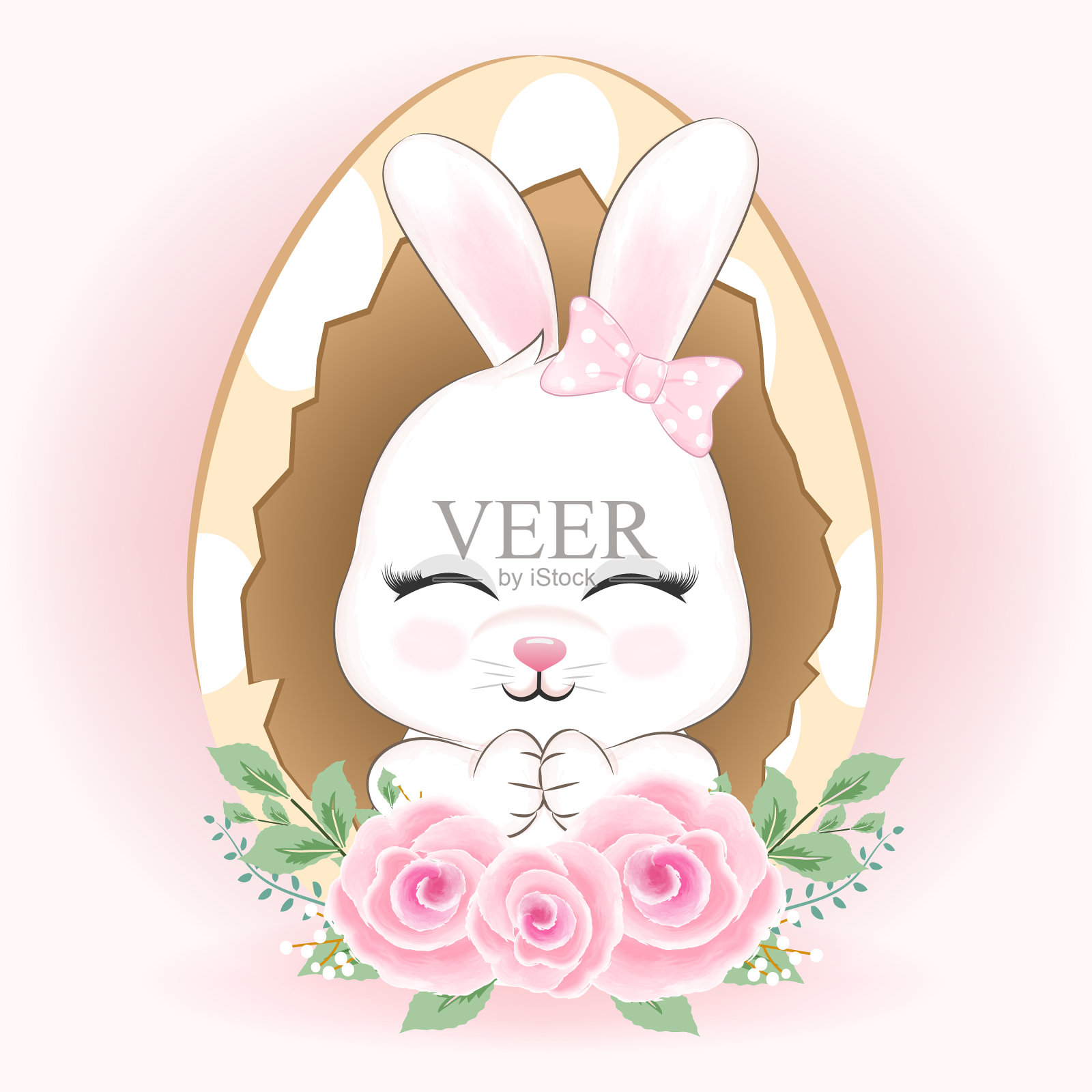 可爱的兔子在复活节彩蛋和花插画图片素材
