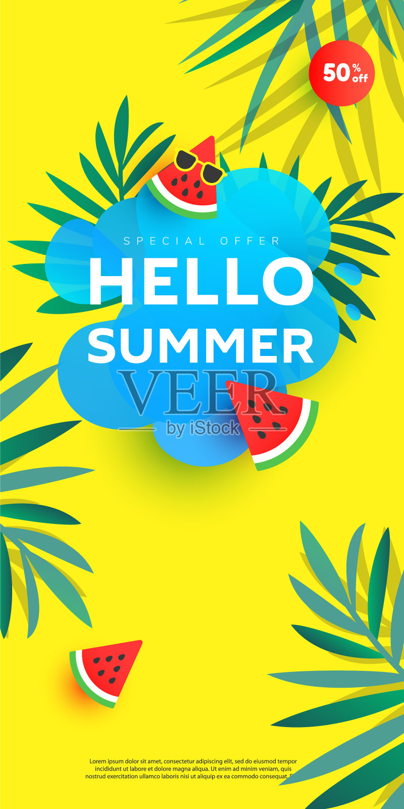 创意夏季销售横横幅时尚明亮的颜色与热带树叶和泡沫形式，西瓜折扣文本。季促销插图。设计模板素材