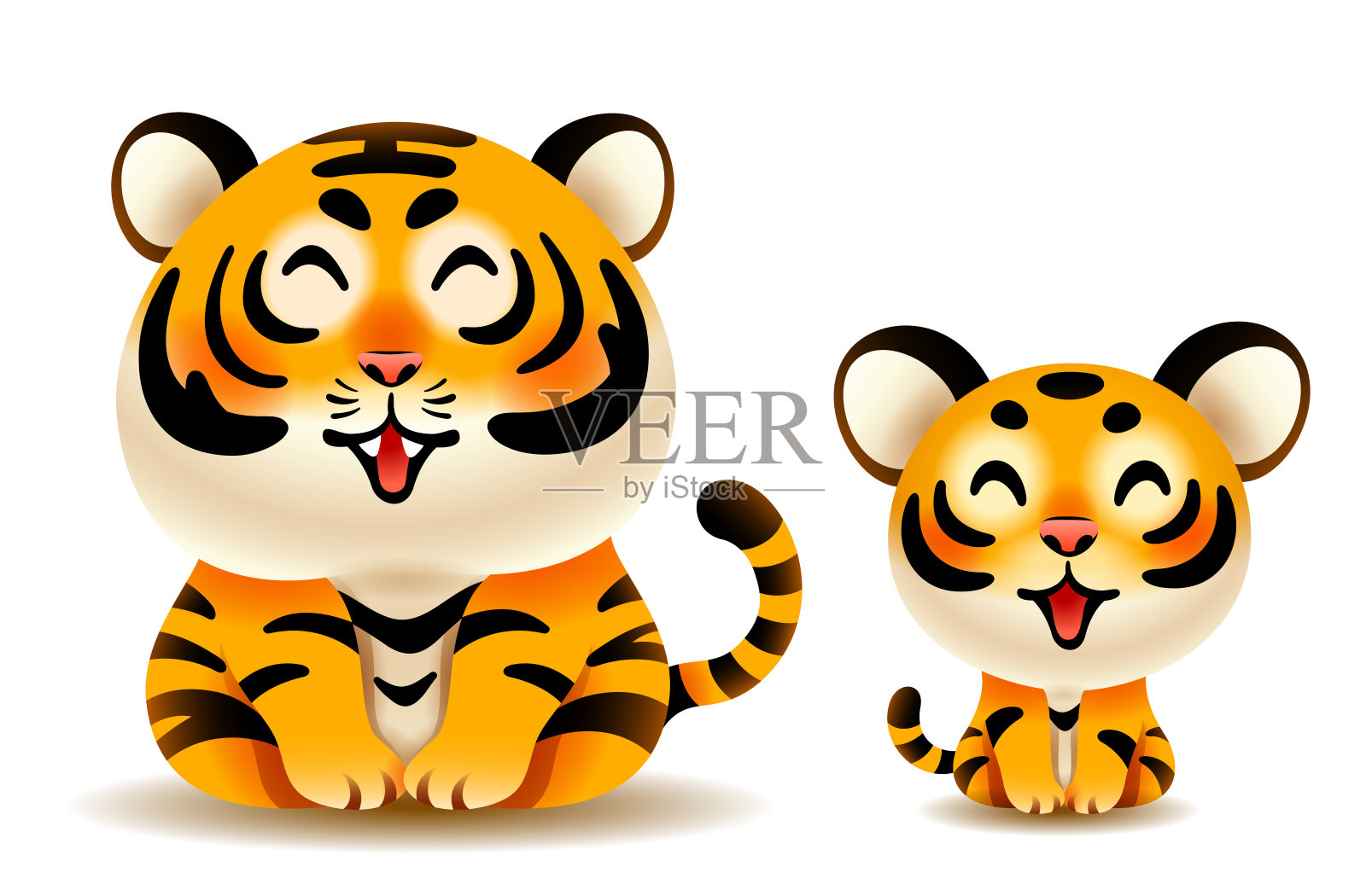 可爱的老虎和老虎幼崽孤立在白色的背景。插画图片素材