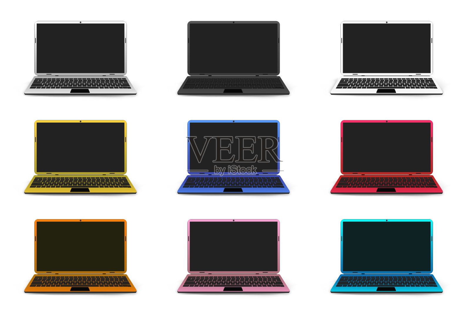 逼真的模拟收集设计的彩色笔记本电脑或笔记本电脑孤立在白色的背景。矢量插图。插画图片素材