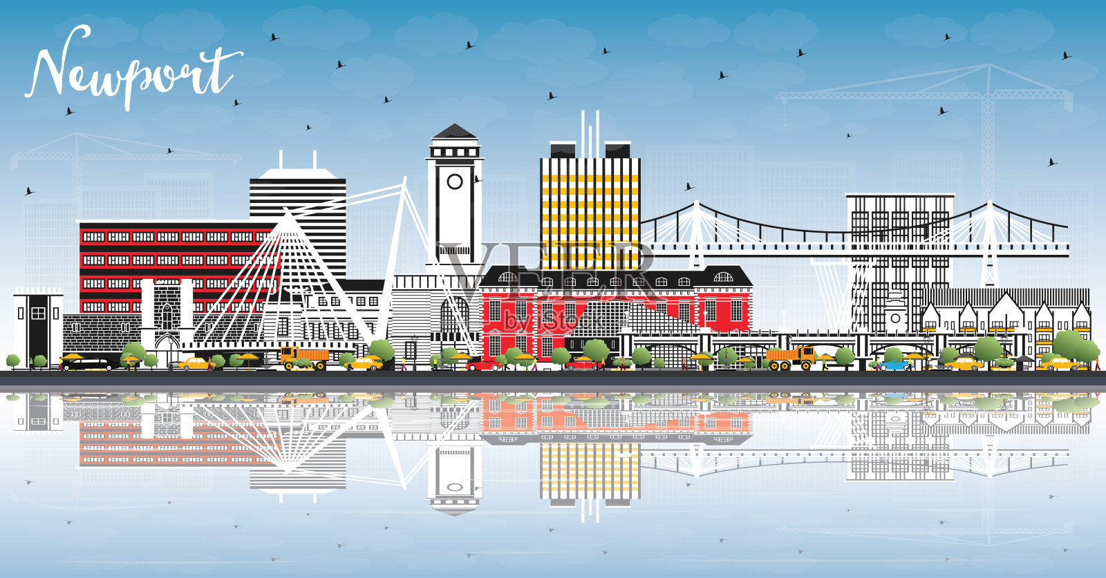新港威尔士城市的天际线与彩色建筑，蓝色的天空和倒影。插画图片素材