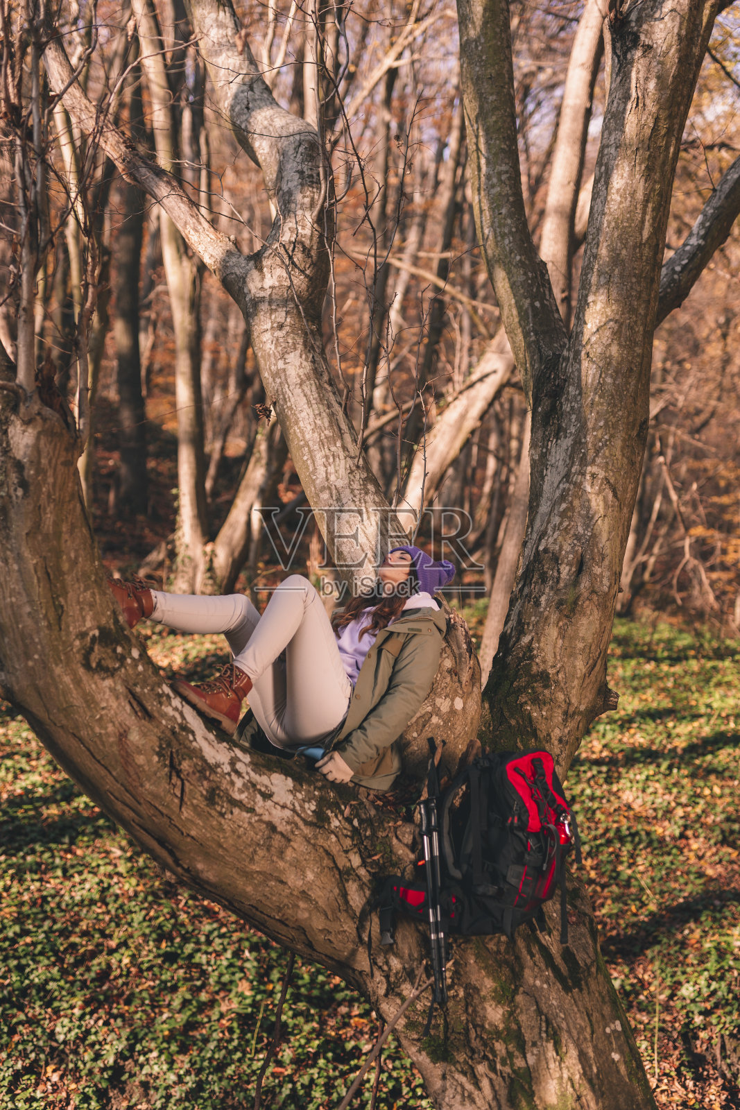 一个女人在森林里休息，正在徒步旅行照片摄影图片