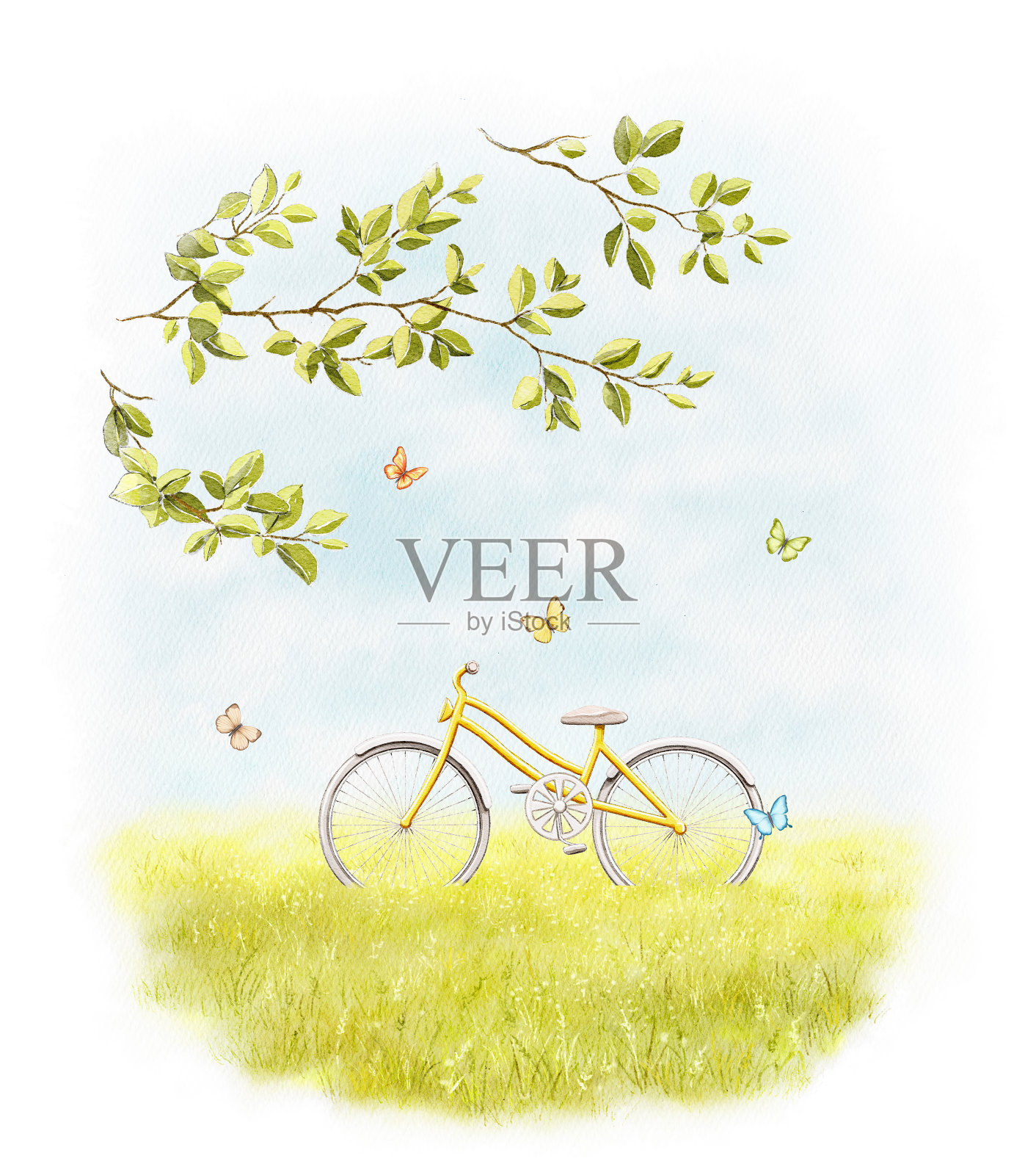 水彩插图与风景，夏季草地，天空，黄色自行车和蝴蝶设计元素图片