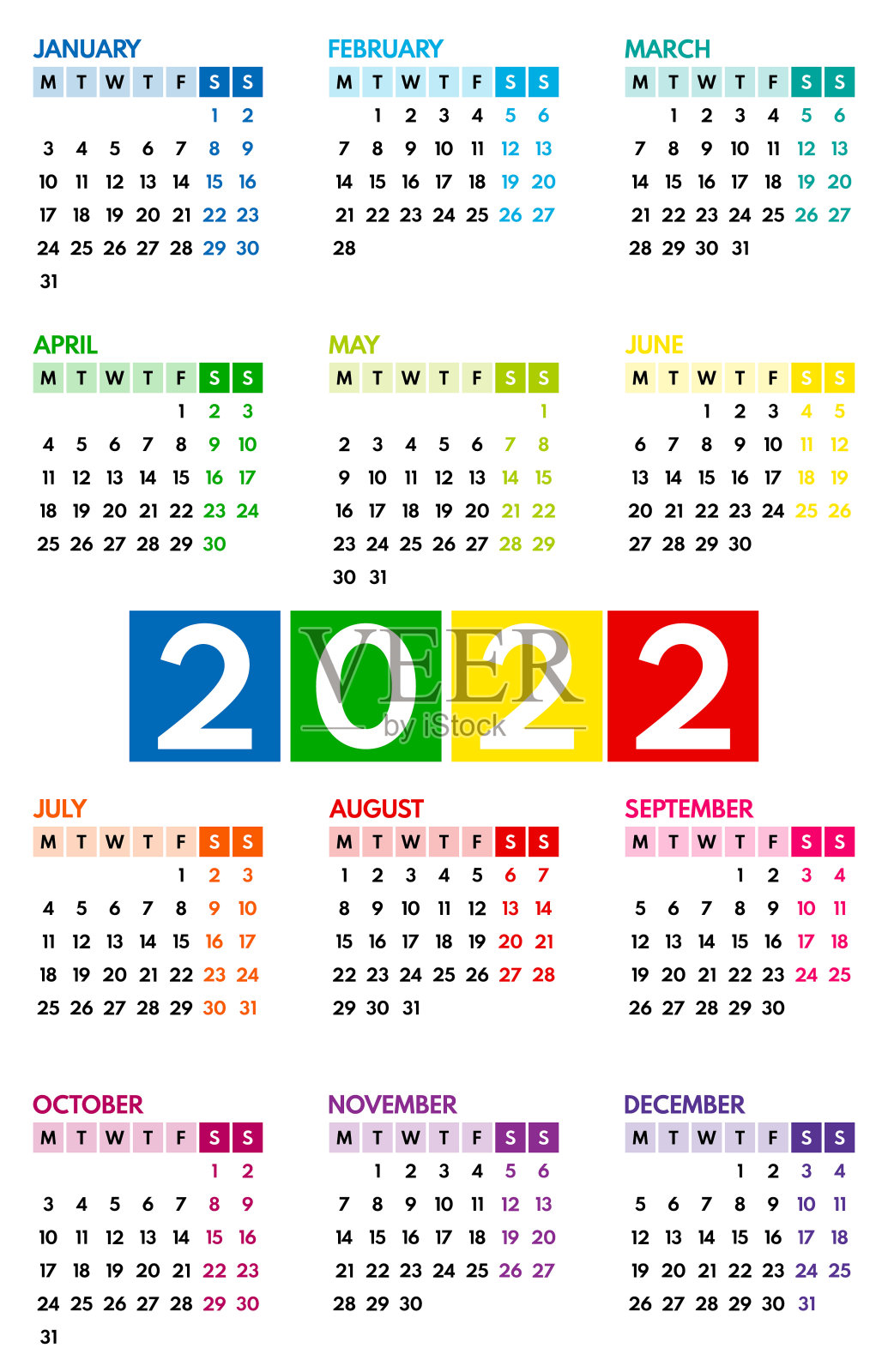 2022袖珍日历，第一天星期一，两个周末，彩色的白色背景，垂直布局，矢量插图设计模板素材