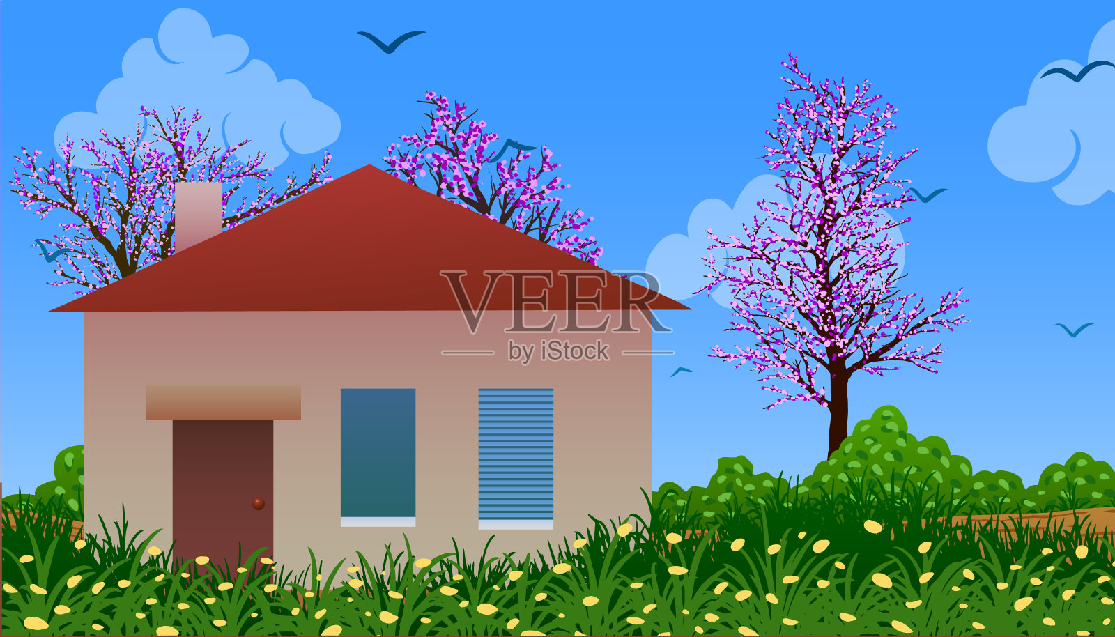 小房子在盛开的草地和树木之间插画图片素材
