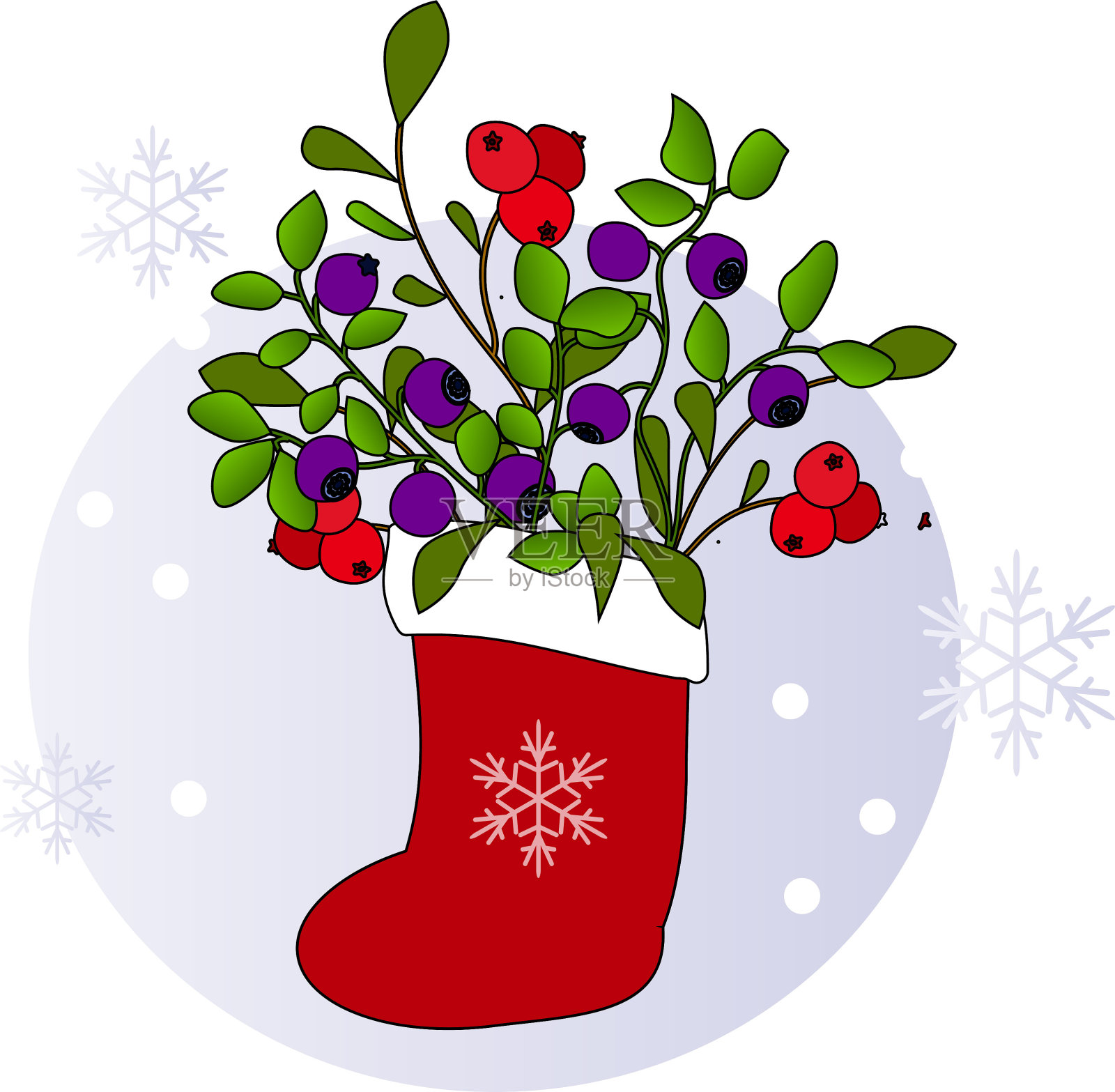 红色圣诞袜子与浆果的树枝，矢量插图插画图片素材