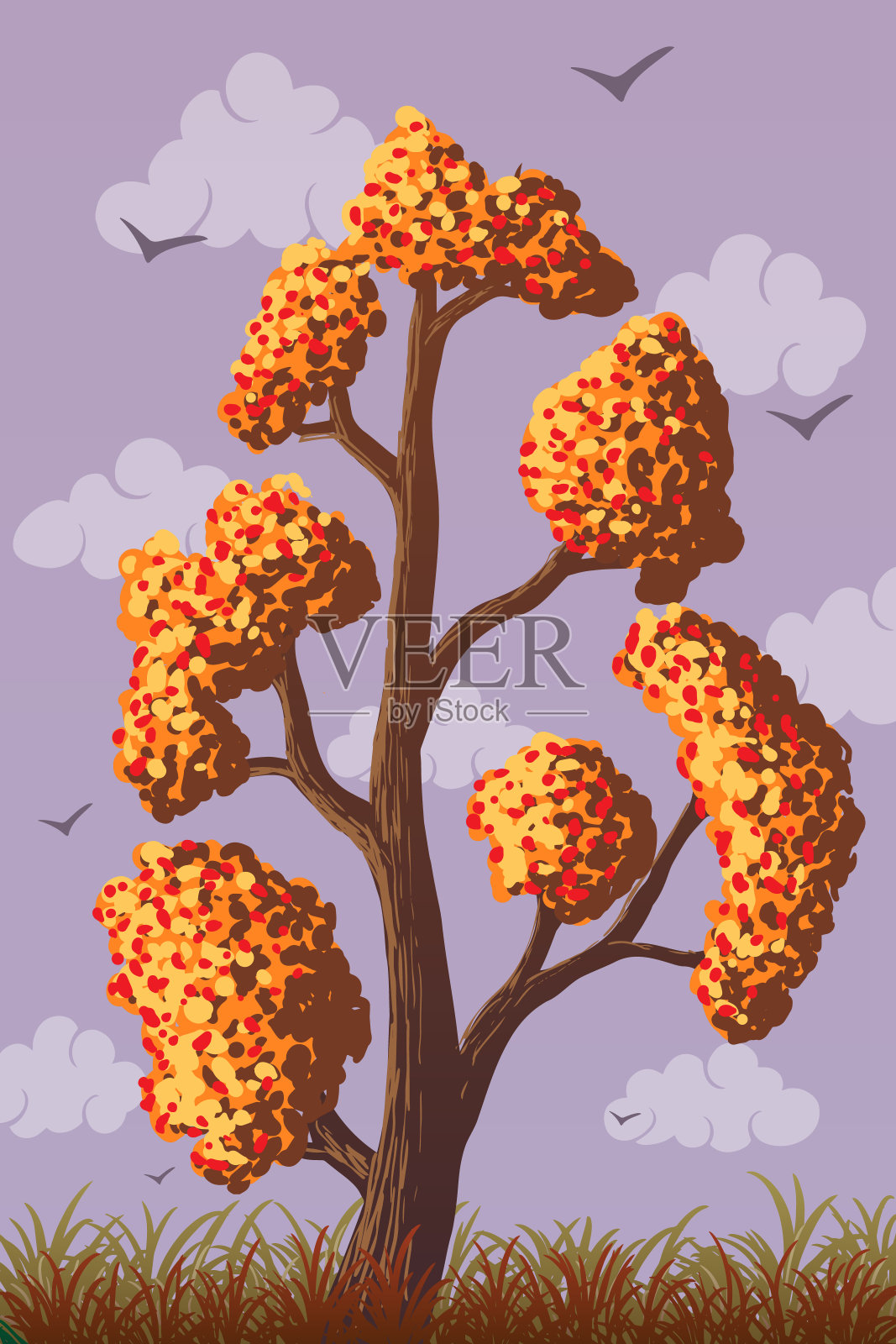 秋天落叶的树，有橙色的叶子插画图片素材