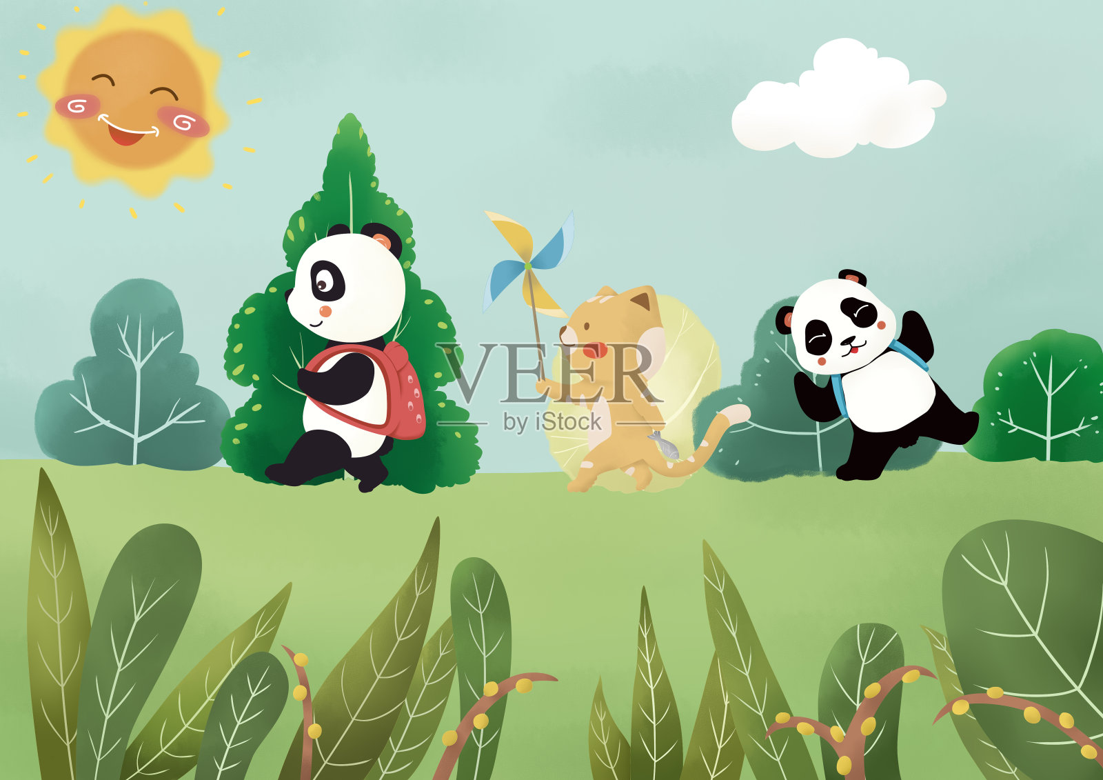 卡通熊猫和猫咪走路上学插画插画图片素材