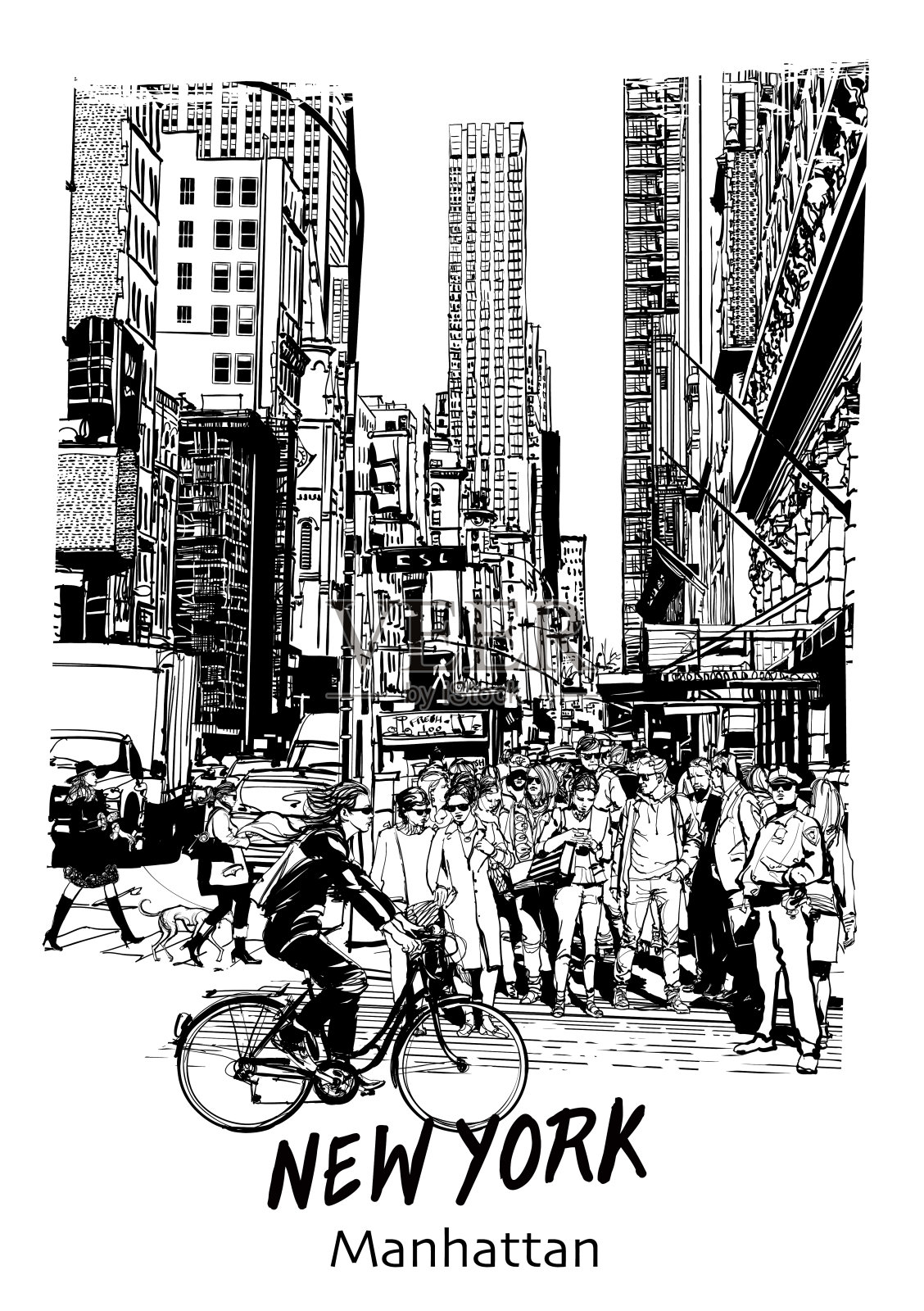 纽约市中心一个大十字路口的车辆。汽车和行人在第五大道的十字路口。插画图片素材