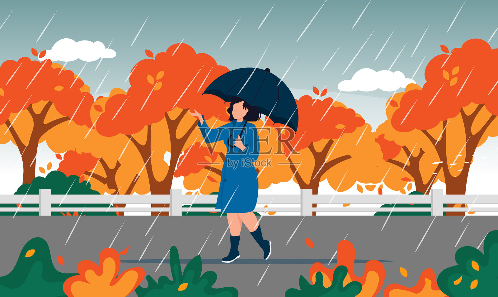 秋山水城女人伞雨水坑插画图片素材