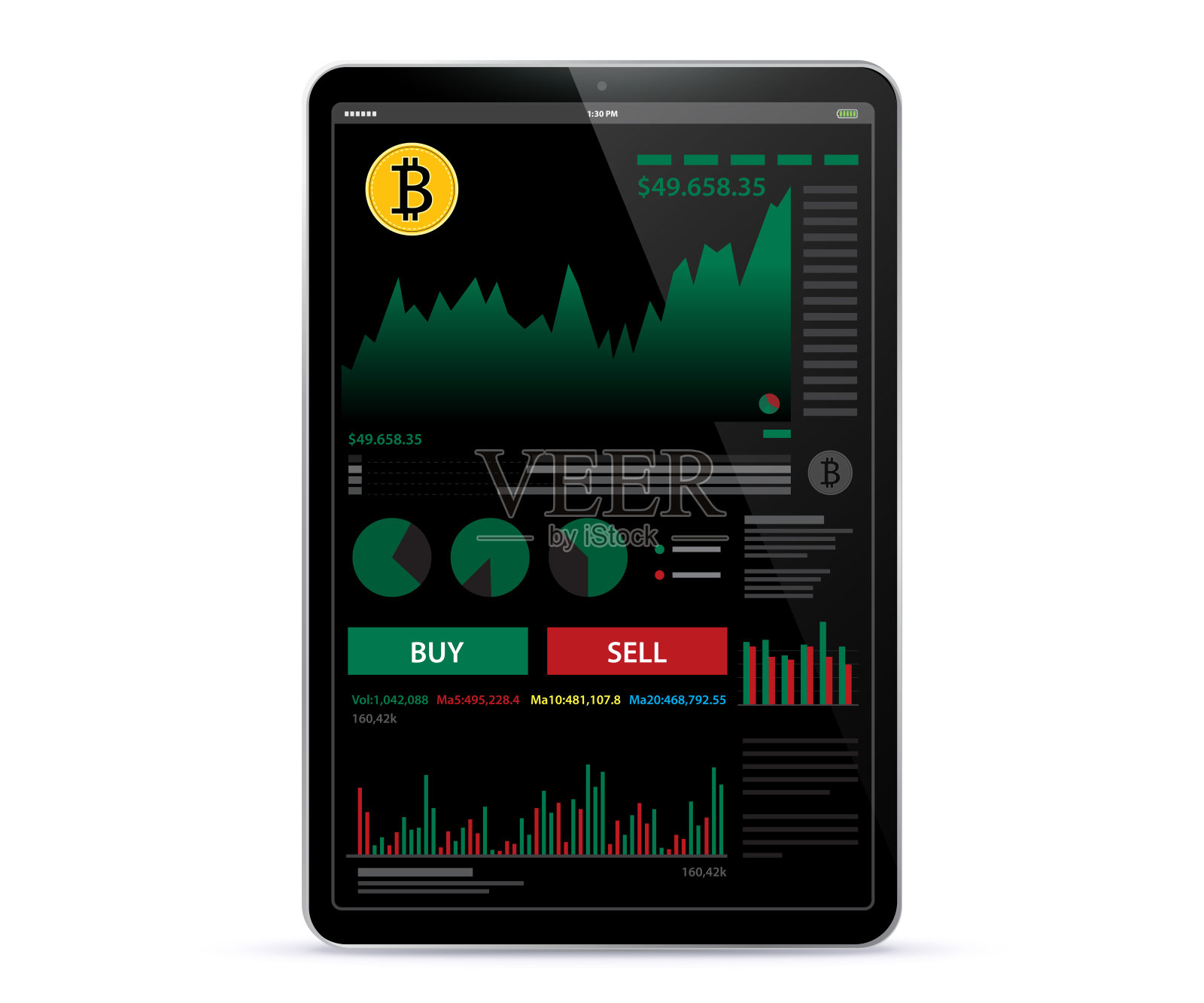 带有加密货币在线交易和金融应用程序屏幕的黑色平板电脑。黑色主题背景的UI设计模板。插画图片素材
