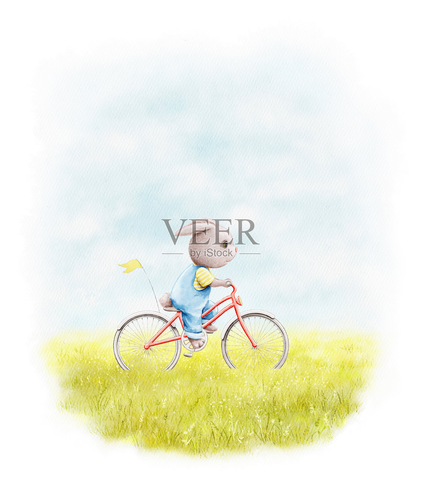 水彩插图与风景风景，夏季草地和兔子动物在自行车设计元素图片