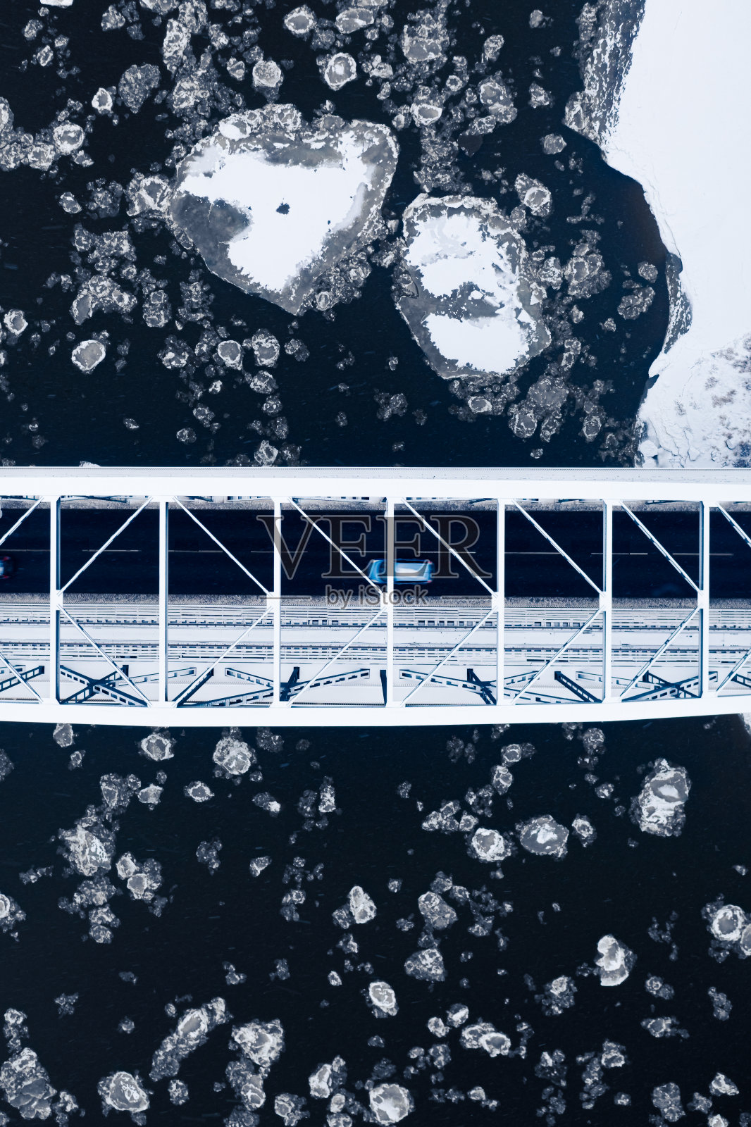 冬天在浮冰的河流上架桥。冬天在波兰。照片摄影图片