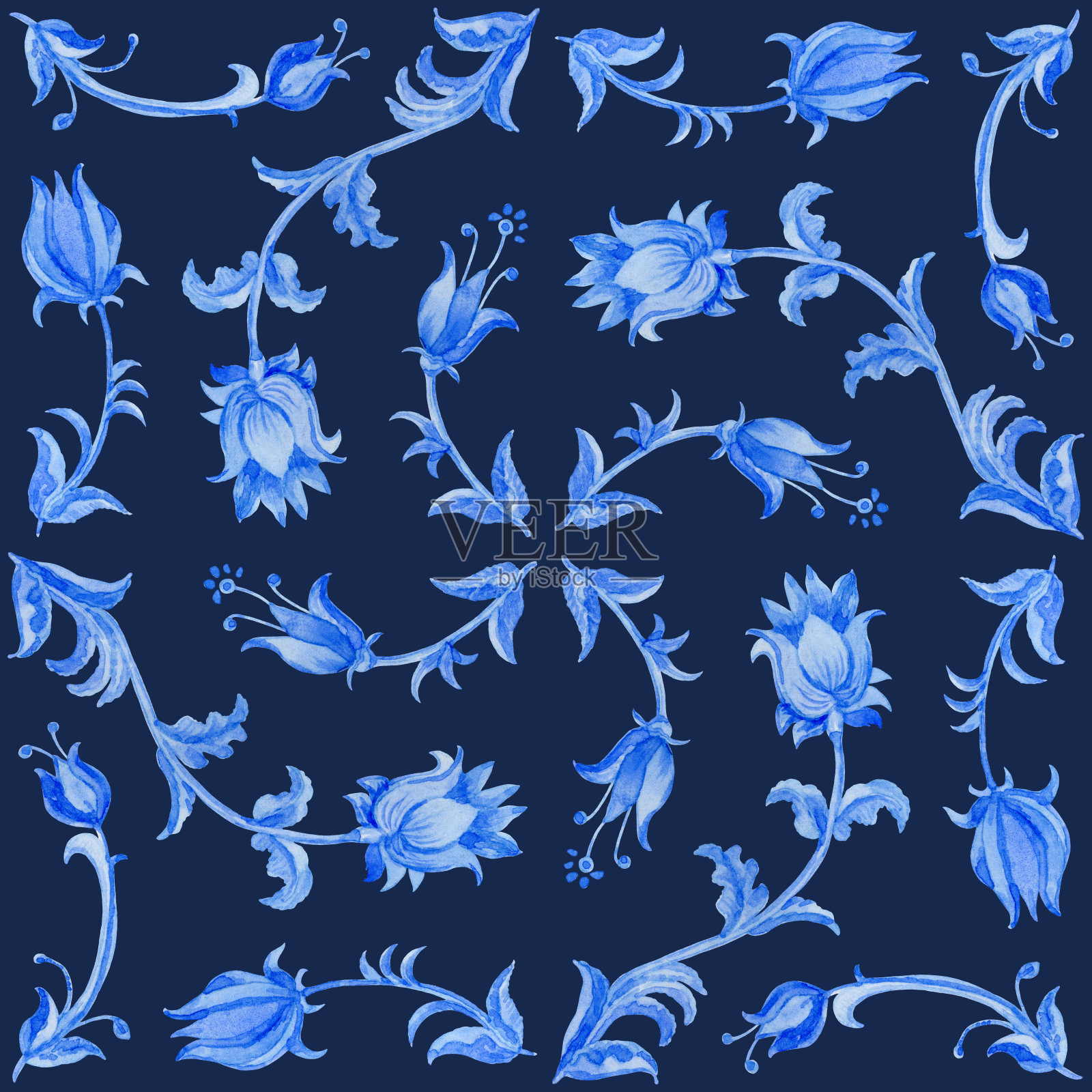 水彩绘成靛蓝色花卉无缝图案插画图片素材