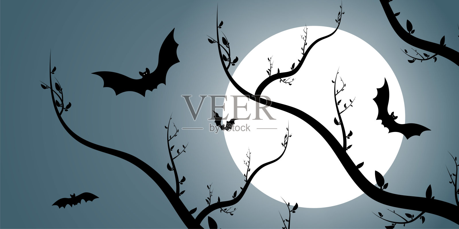 向量。夜晚，满月和蝙蝠，树枝，水平背景。五颜六色的吓人的体积万圣节插图。万圣节派对邀请卡模拟。万圣节快乐横幅设计。插画图片素材