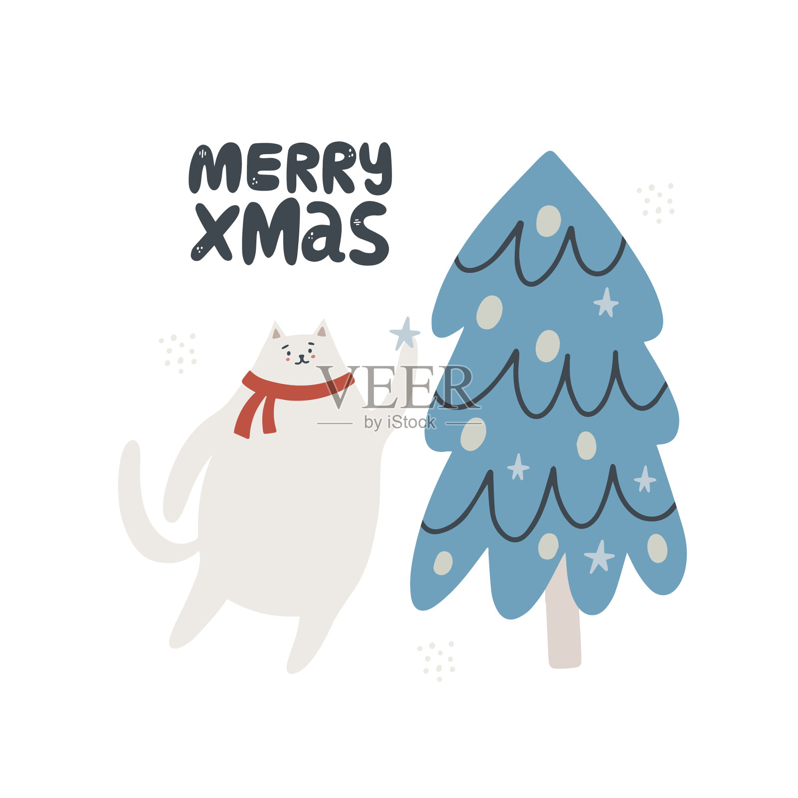 可爱的猫在圣诞树附近。手绘矢量插图。圣诞快乐刻字。贺卡模板插画图片素材