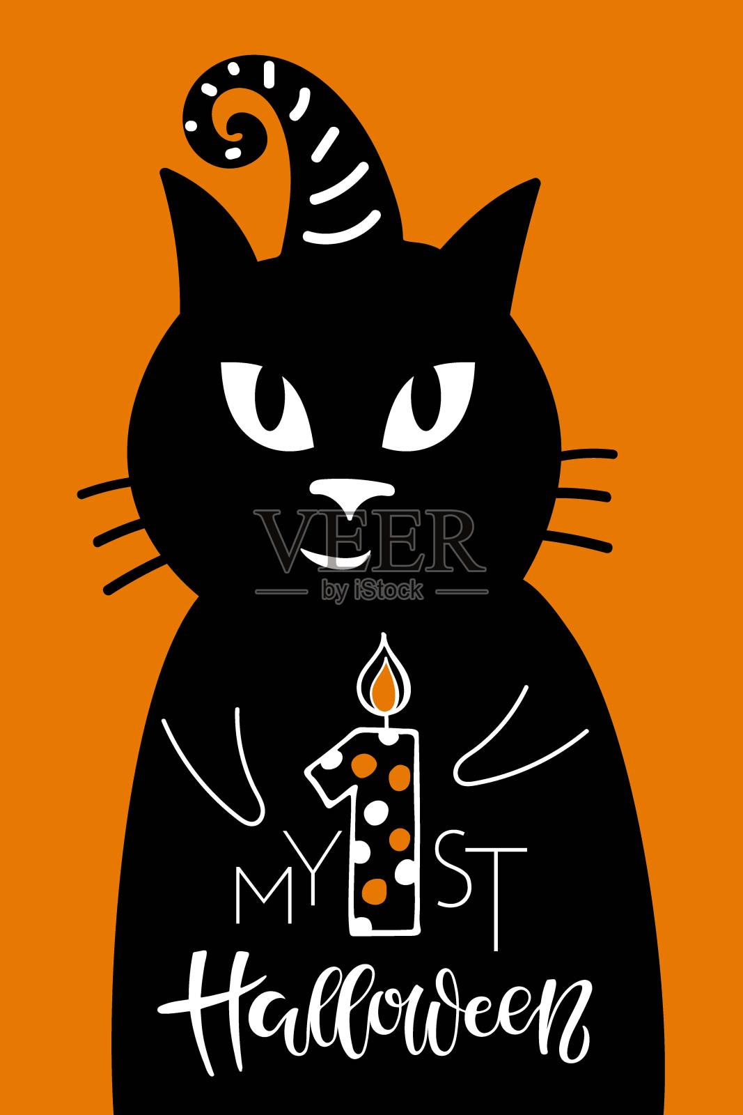 我的第一个橙色背景的万圣节字母标志。带女巫帽的黑猫和万圣节婴儿的庆祝语录。万圣节平面矢量插图节日家居装饰，邀请，礼物。设计模板素材
