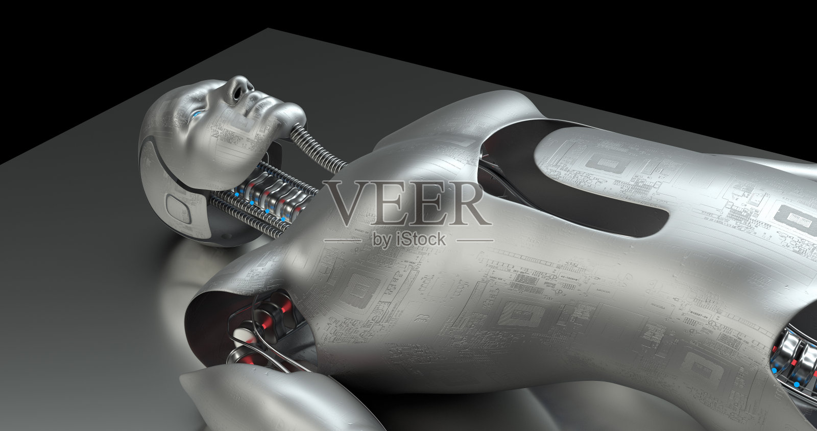未来仿生机器人生产。人工智能人形Cyborg。照片摄影图片