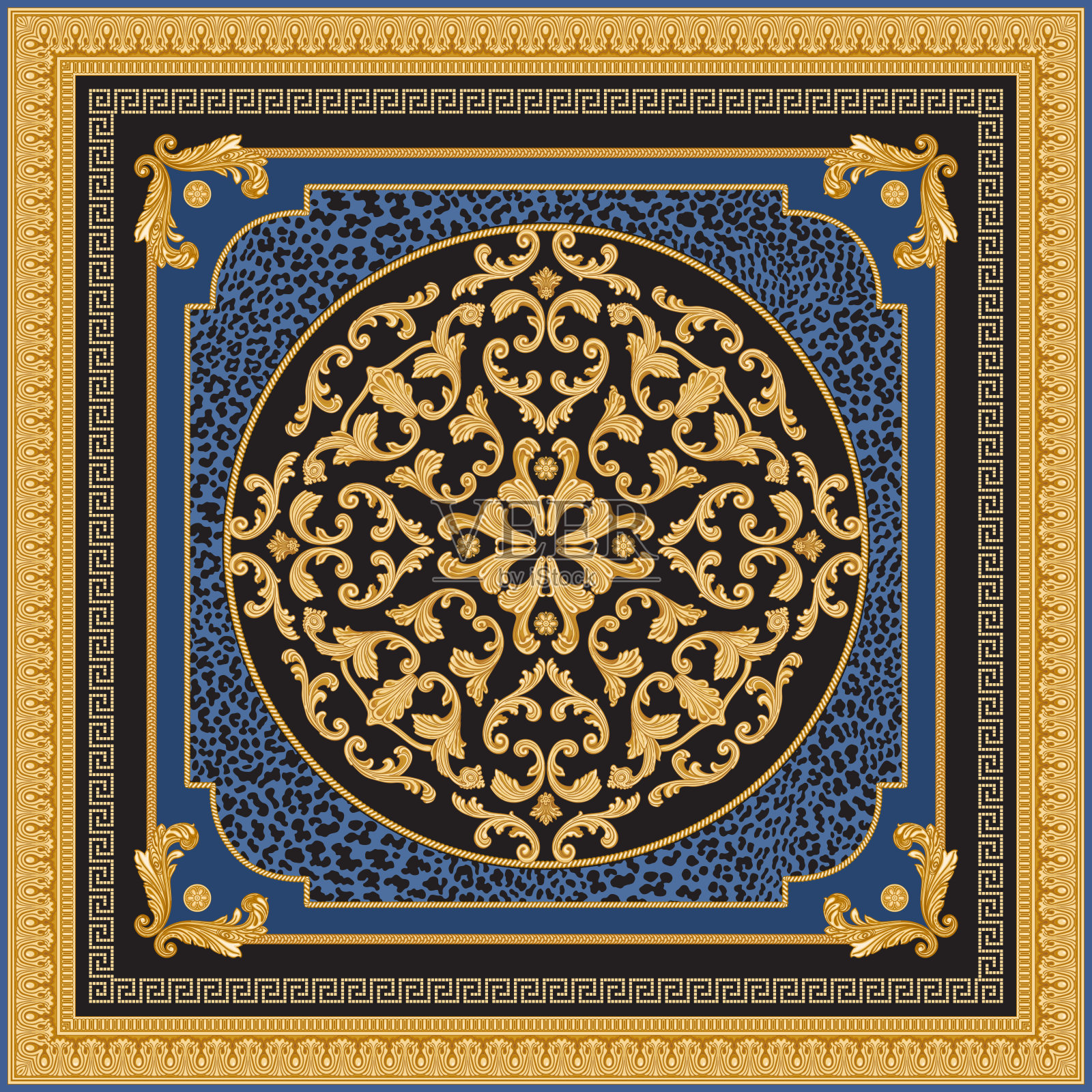 巴洛克卷轴玫瑰结，黄金希腊的关键图案，蜿蜒的边界frieze，雕刻框架上一个黑色和蓝色豹子皮肤斑点的背景。插画图片素材