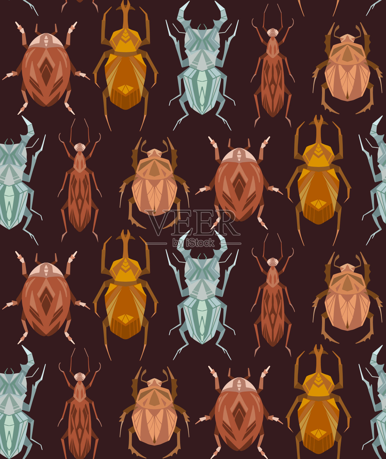 无缝模式与几何昆虫在行上的棕色背景。矢量纹理与几何鹿角甲虫，飞行的蚂蚁，瓢虫复古米色。时尚壁纸插画图片素材