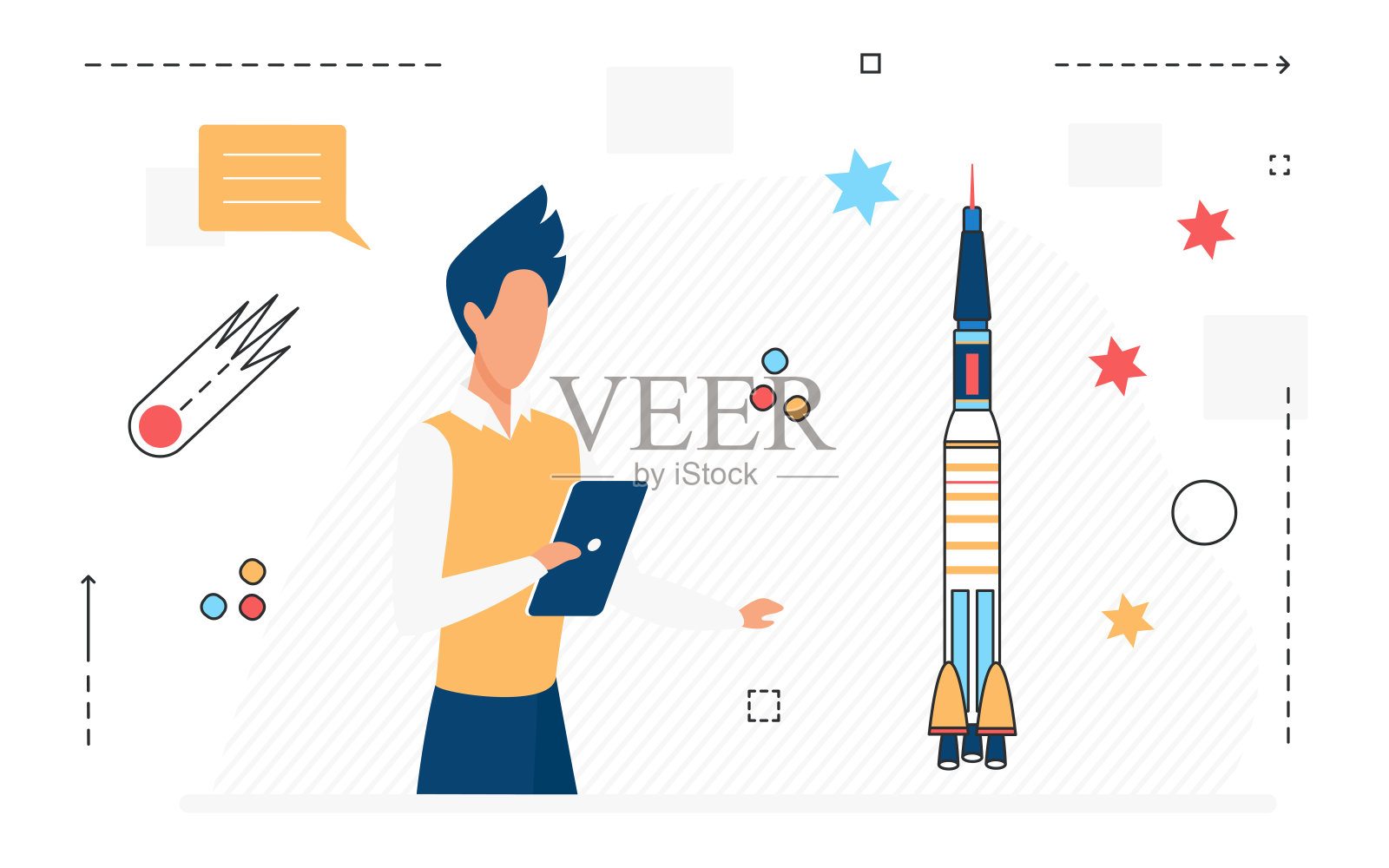 空间科学研究技术，科学家人类、彗星和火箭宇宙飞船插画图片素材