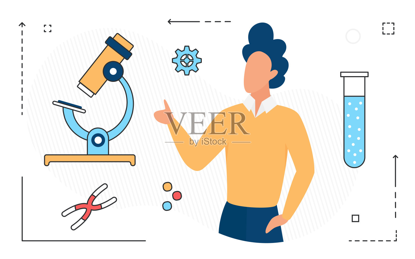 现代科学化学研究技术概念、基因、显微镜符号和人插画图片素材