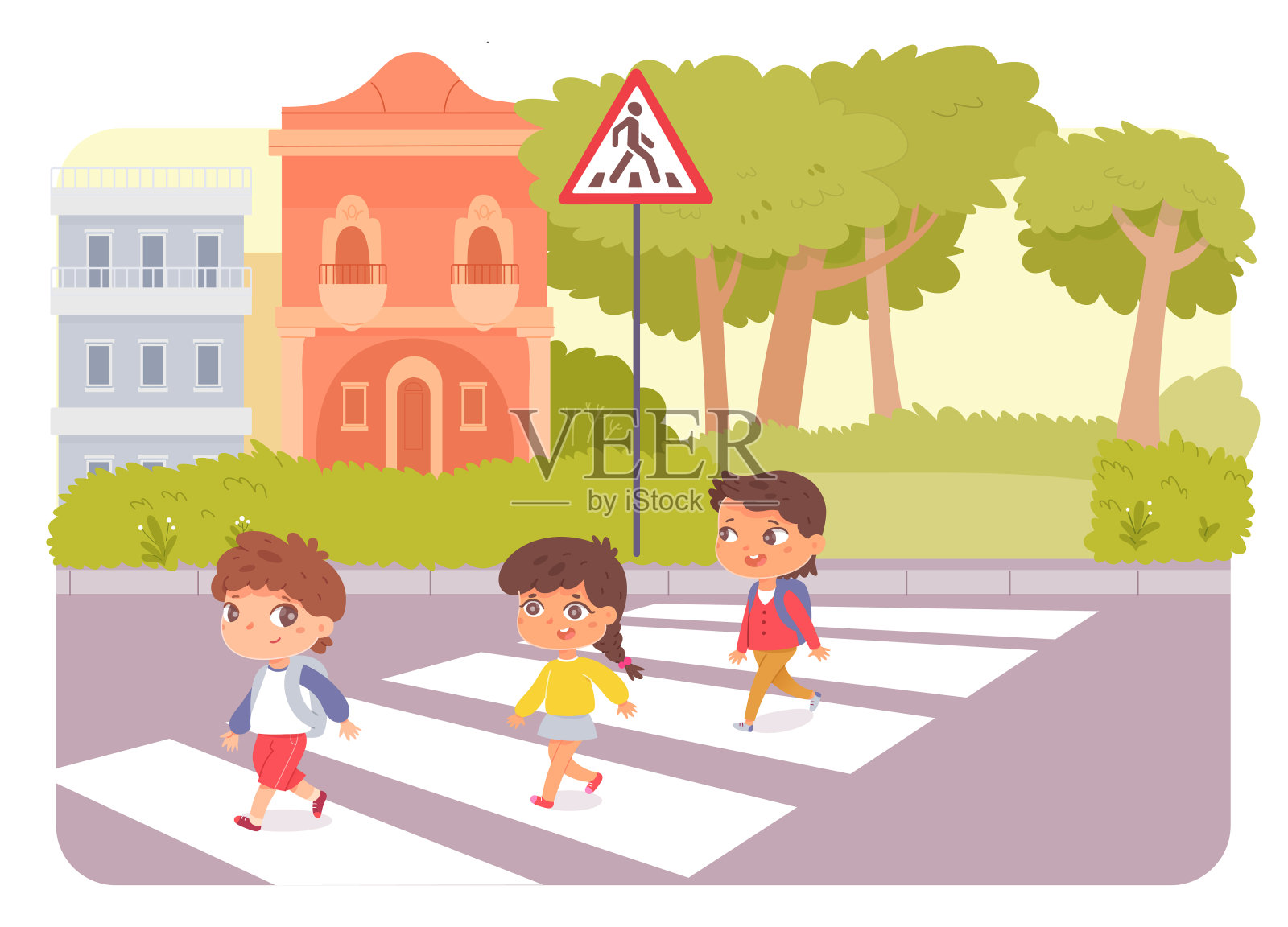 学校儿童行人过马路走斑马线，安全走十字路口插画图片素材