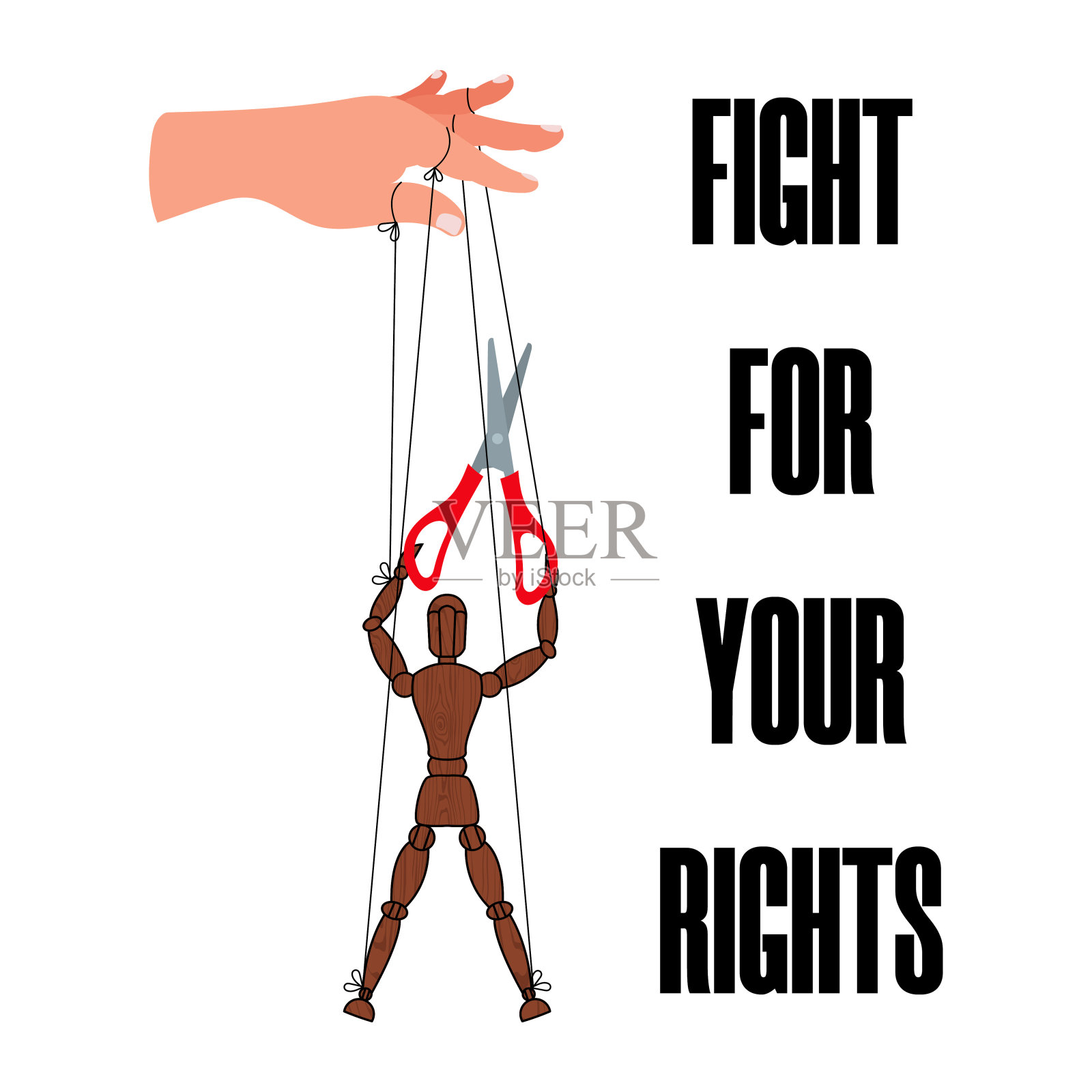 为你的权利而战。木偶用剪刀剪线。从奴役中解放出来。革命旗帜，海报，贴纸，标语牌，传单。矢量图插画图片素材