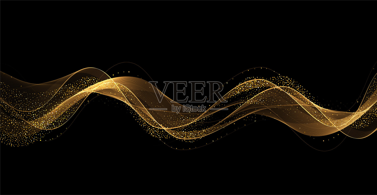 抽象的金色波浪。闪亮的金色移动线设计元素与闪光效果在黑暗的背景贺卡和折扣券。插画图片素材