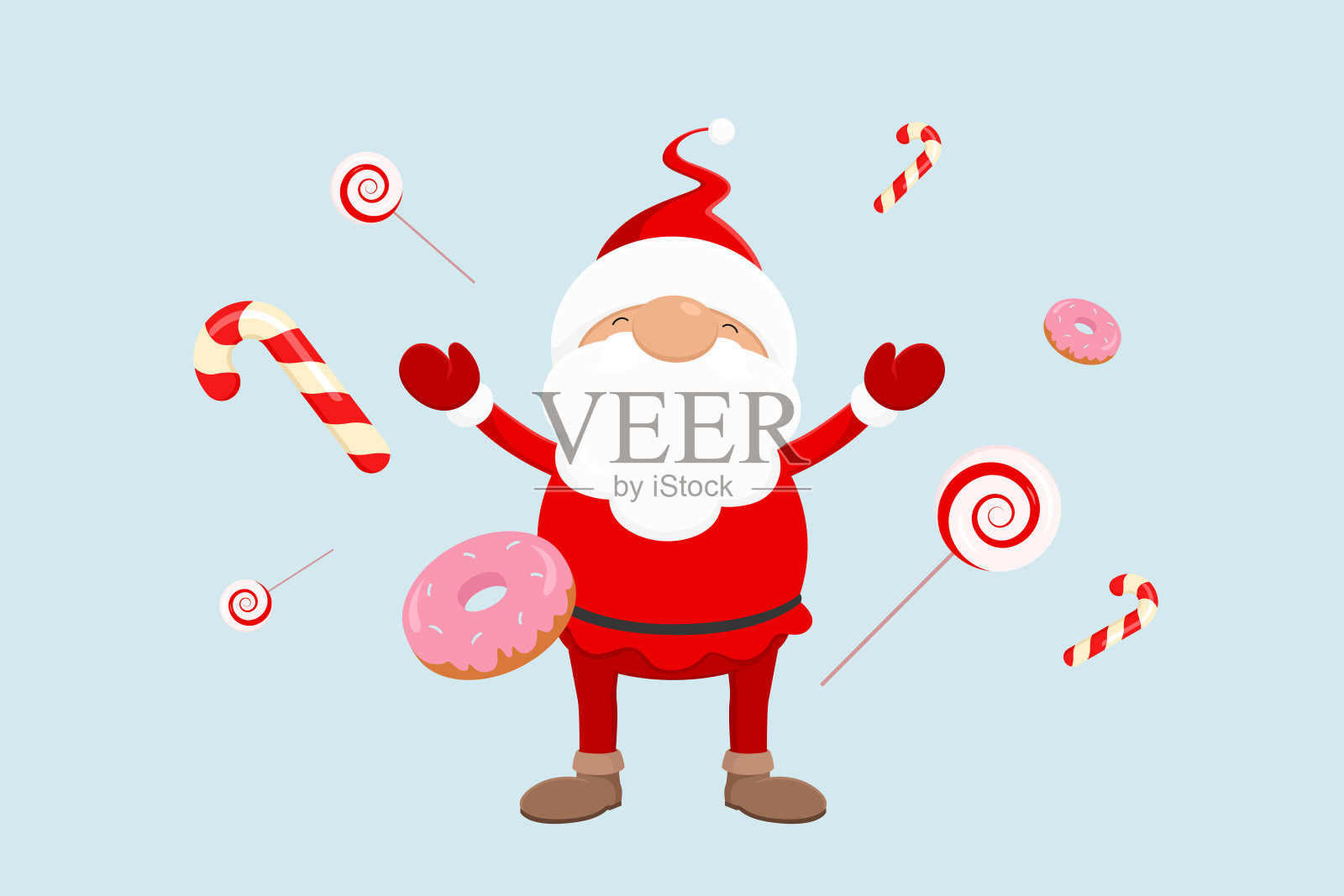 圣诞老人和糖果——甜甜圈，拐杖糖，棒棒糖。矢量图插画图片素材