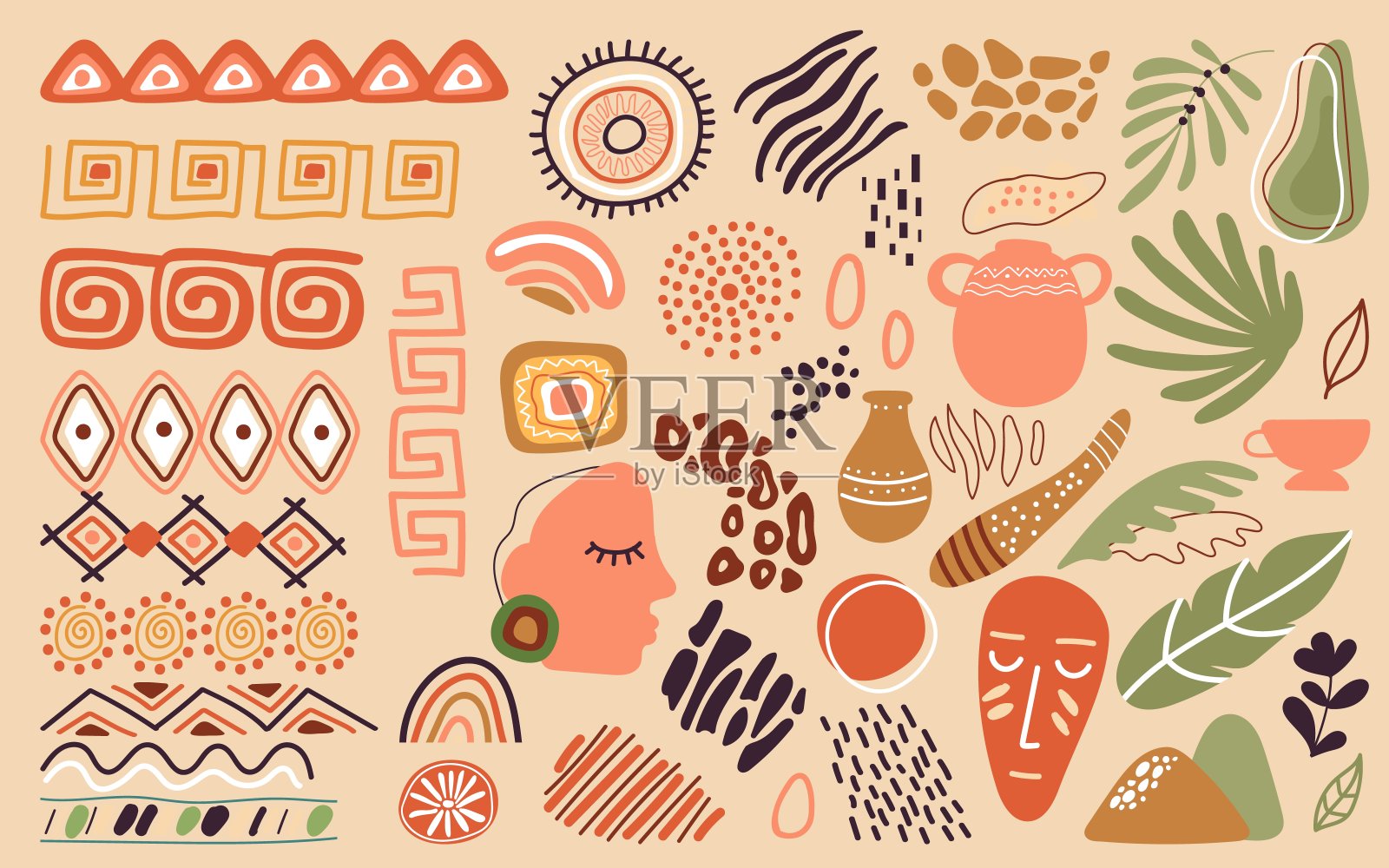 非洲的抽象元素。徒手涂鸦自然形状，装饰饰品。现代民族边界，波西米亚墨西哥风格得体的向量集插画图片素材