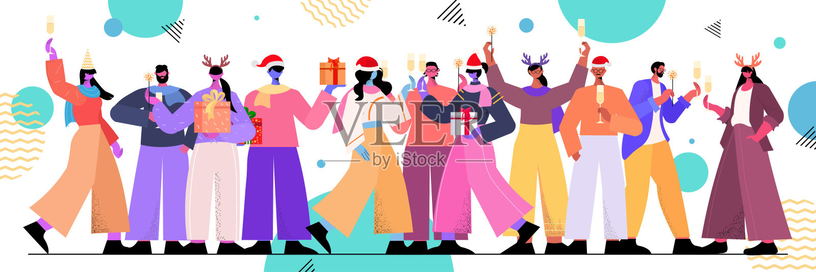 人们戴着圣诞帽，手持礼物，混合种族商人庆祝2022年新年和圣诞节的概念设计模板素材