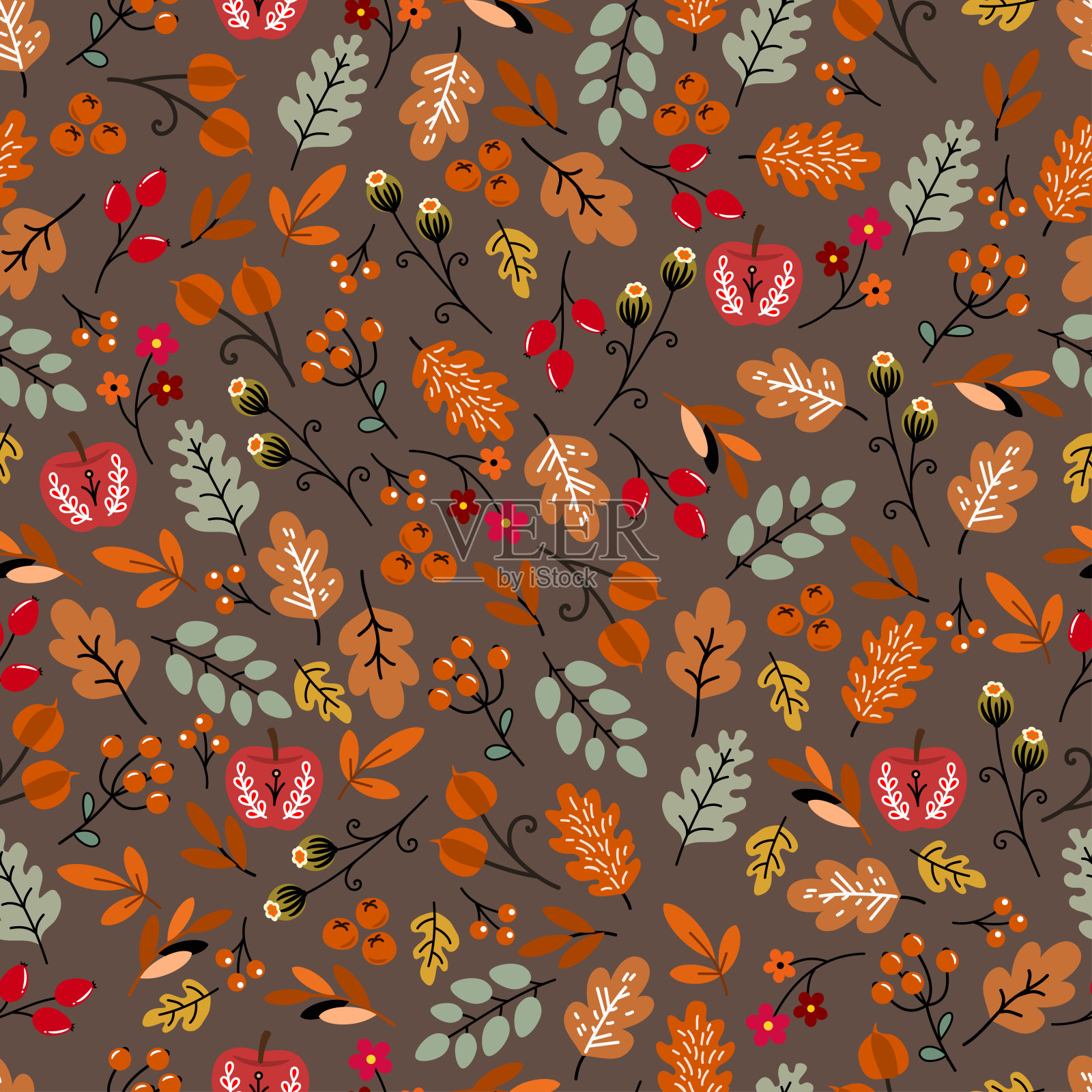 美丽，无缝，可爱的秋天图案与叶和花矢量插画图片素材