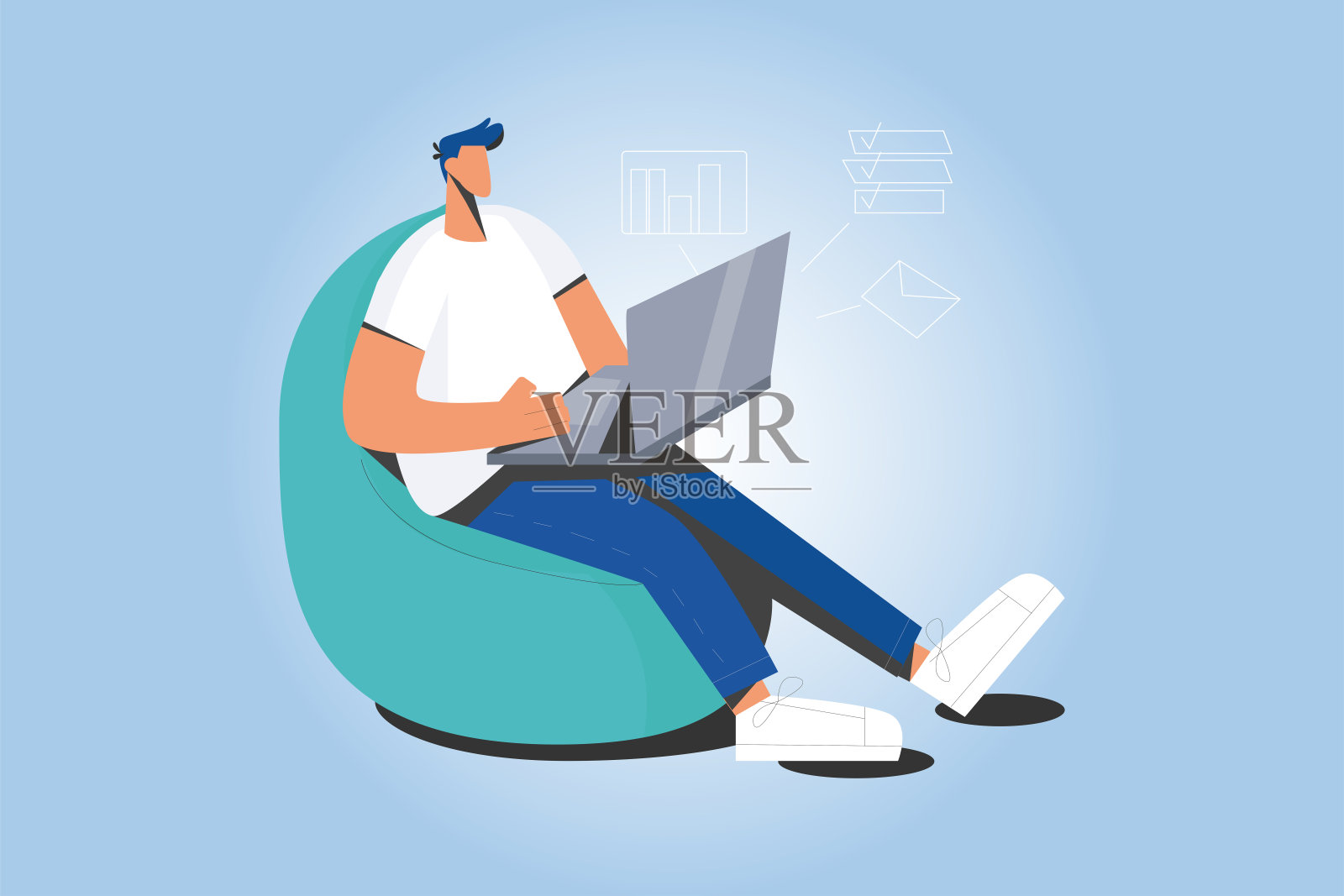 男人在家庭办公室的电脑上在线工作插画图片素材