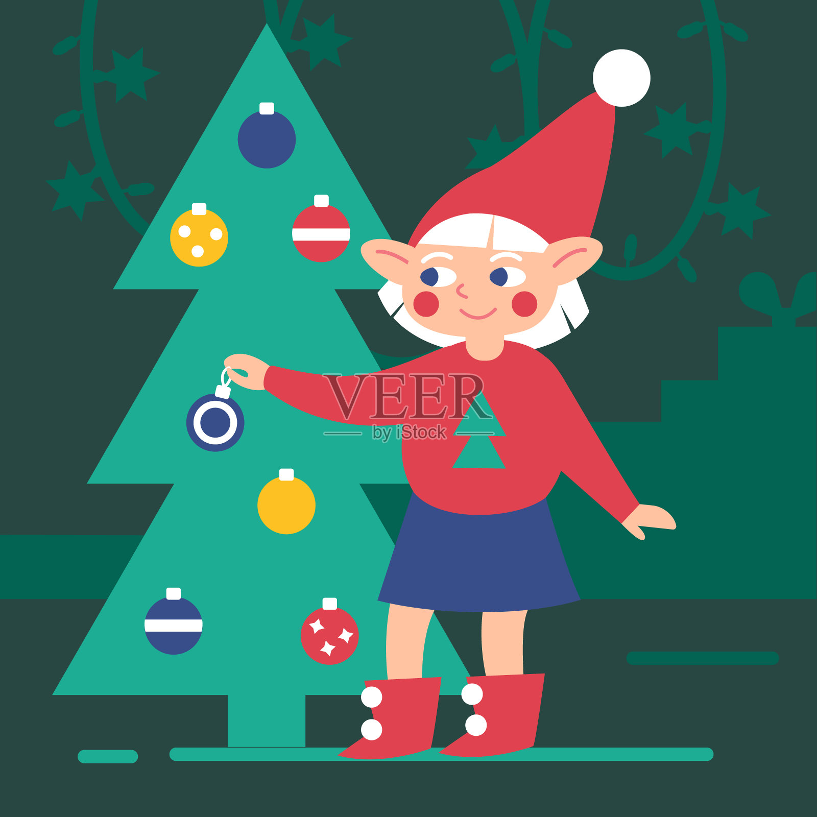 矢量插图的小精灵女孩装饰圣诞树。插画图片素材
