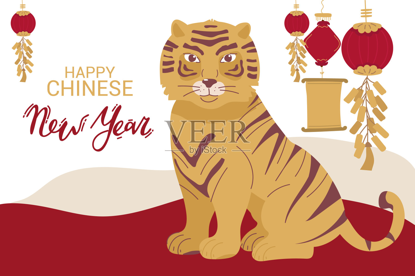 2022年中国春节传统与老虎贺卡矢量插图。水平的旗帜。手绘红金设计模板素材