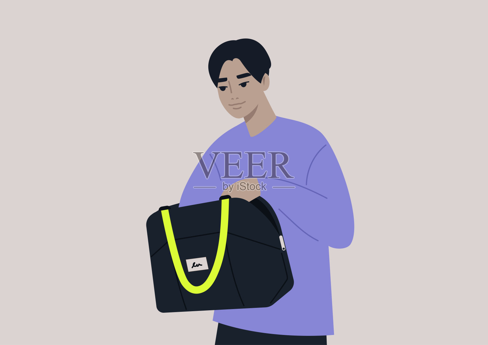 年轻的亚洲男性角色在他们的包里寻找钥匙或钱，一个日常场景插画图片素材