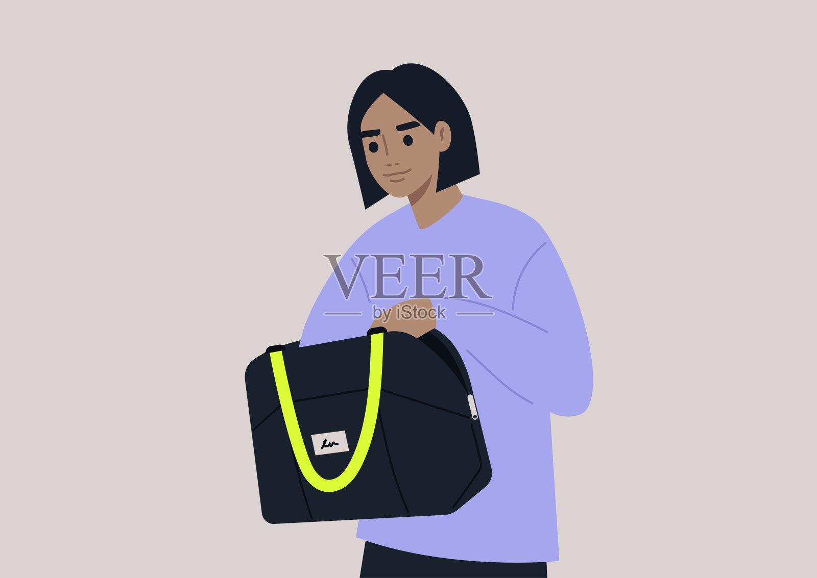 年轻的女性角色在包里寻找钥匙或钱，这是一个日常场景插画图片素材