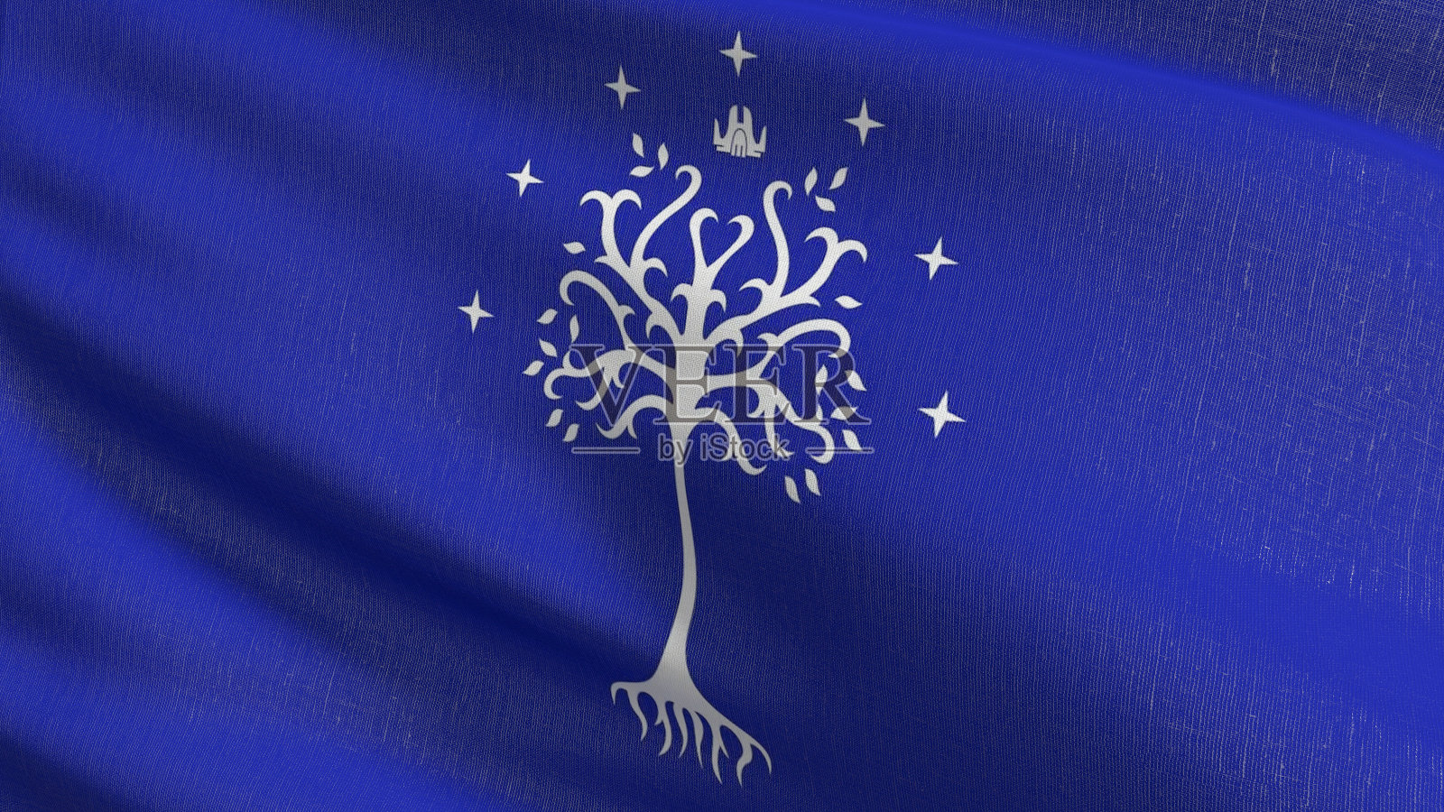 刚铎蓝树的旗帜在风中飘扬。波形标志的三维渲染图照片摄影图片