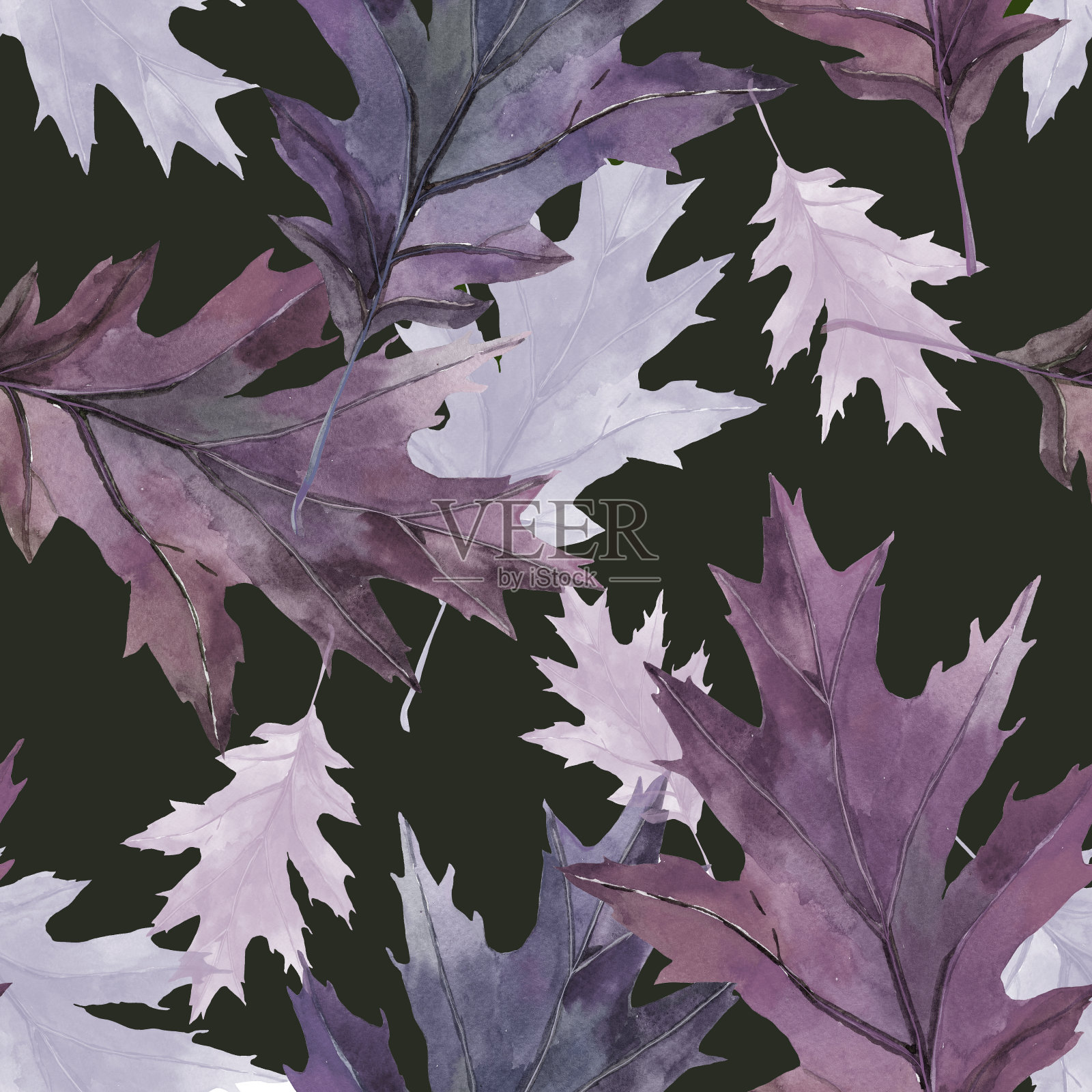 紫色橡树叶子水彩黑色背景无缝模式为所有打印。插画图片素材