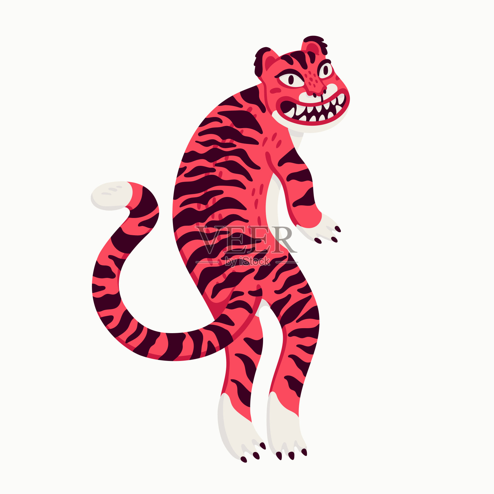 老虎矢量插图，有趣的卡通粉红色的老虎从后面。白色背景上的有机平面风格矢量插图插画图片素材