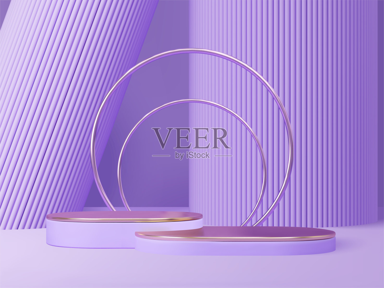 3D渲染平台为您的产品展示。紫色哑光形状与黄金元素。向量3 d演示。插画图片素材