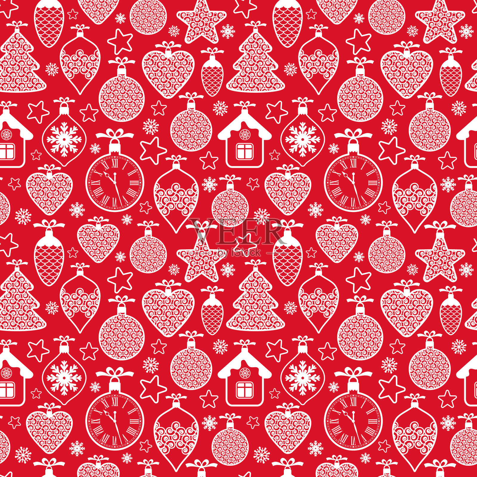 美丽的设计圣诞节无缝模式与圣诞玩具，球，雪花和星星在红色的背景。图形几何表面图案。插画图片素材