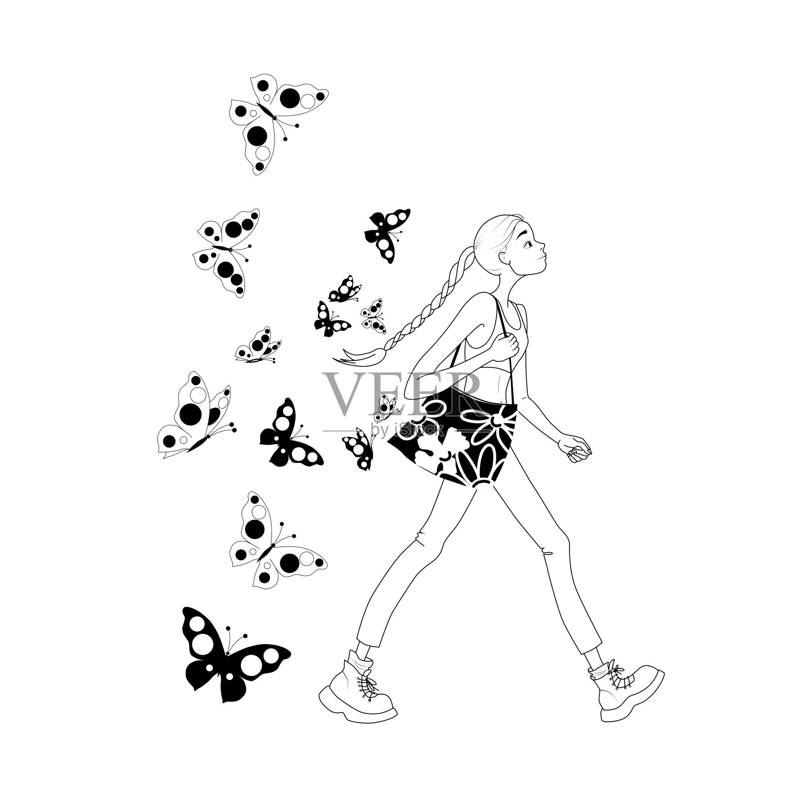 一个可爱的女孩提着一个购物袋，上面有飞舞的蝴蝶插画图片素材