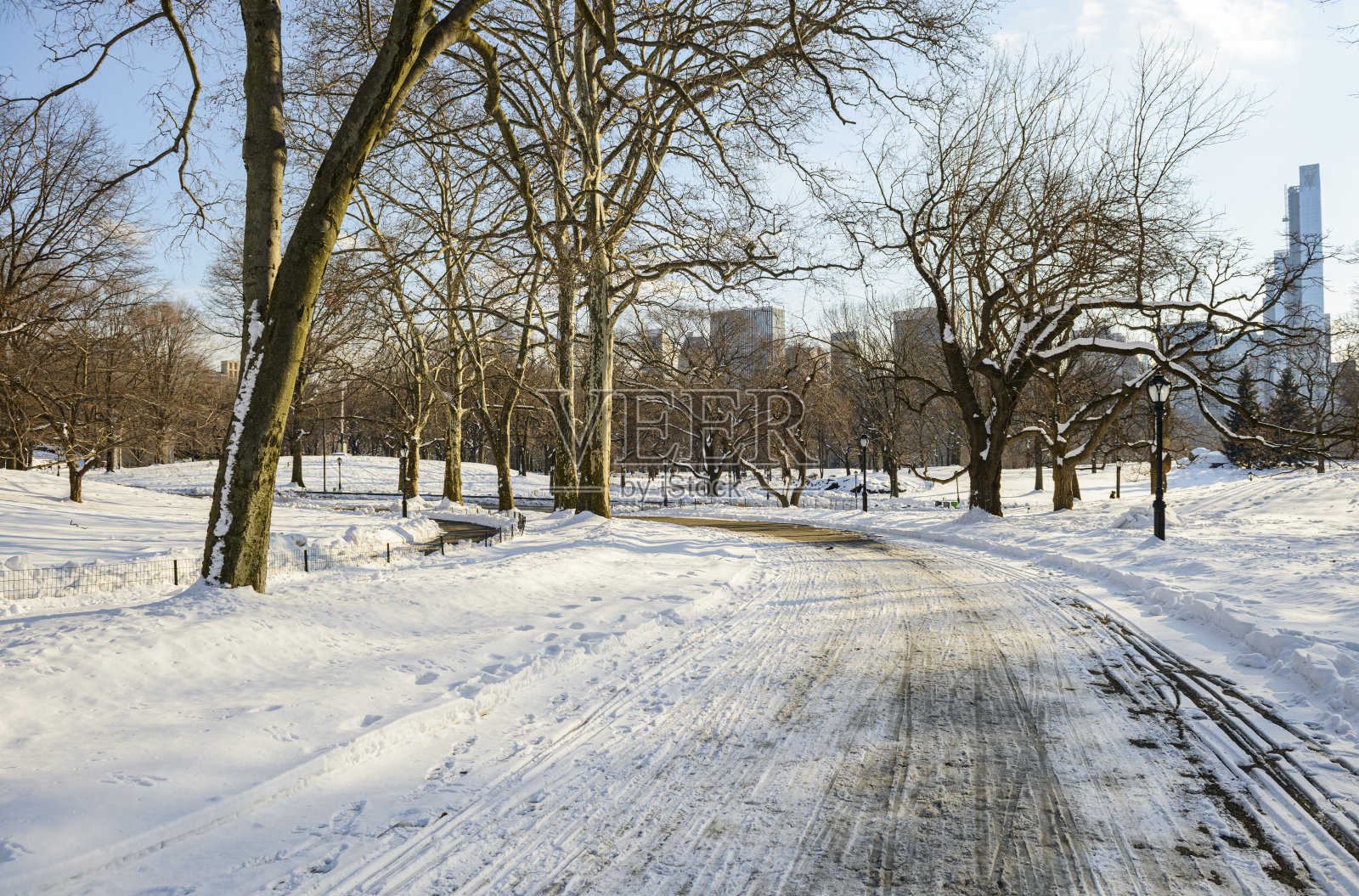 美国纽约市，冬季中央公园空旷的公园道路照片摄影图片